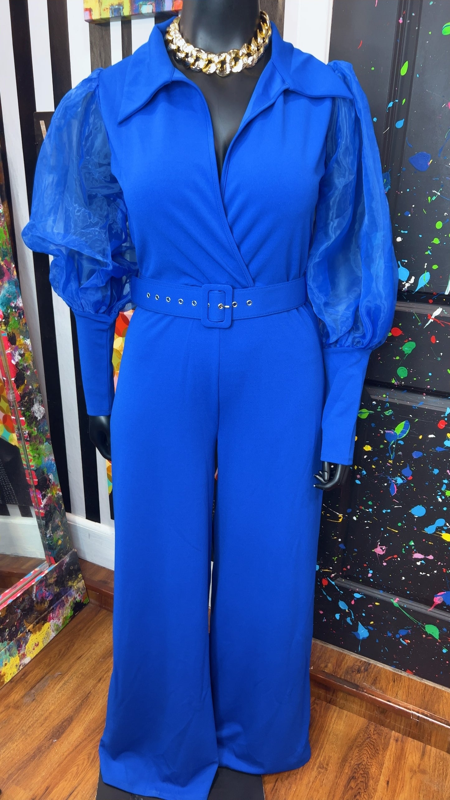 Cobalt Blue Sheer Arms Jumpsuit -New w/ Tags (14/16)
