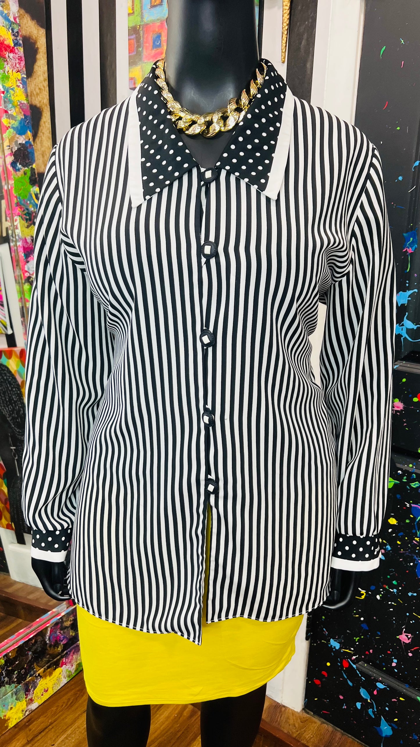 Vintage Polka Dot & Stripes Blouse - Black & White (18)