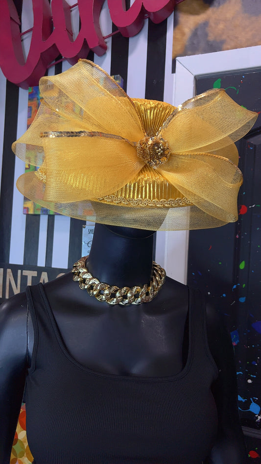 Vintage Straw & Sequin Gold Bow Hat