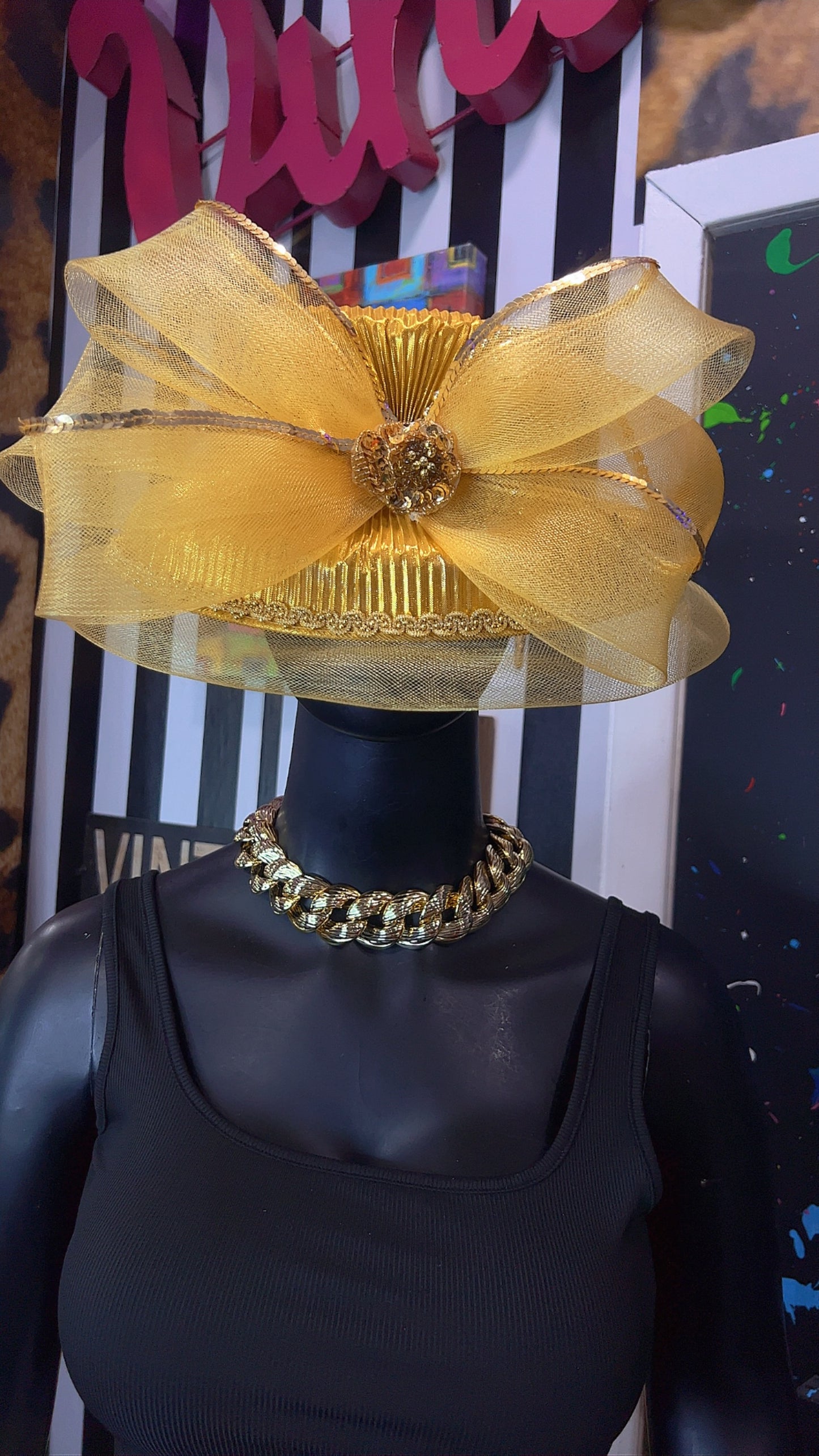Vintage Straw & Sequin Gold Bow Hat