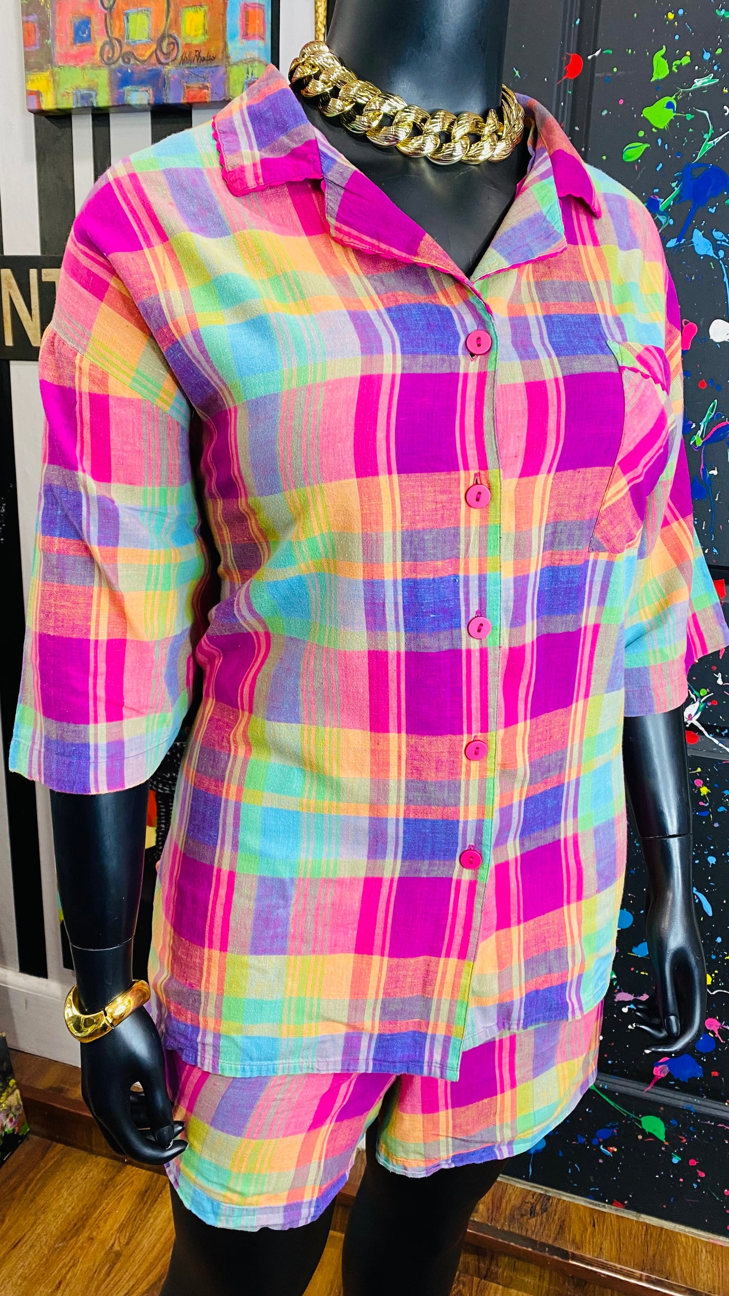 Vintage Plaid & Pink Shorts Set (26)