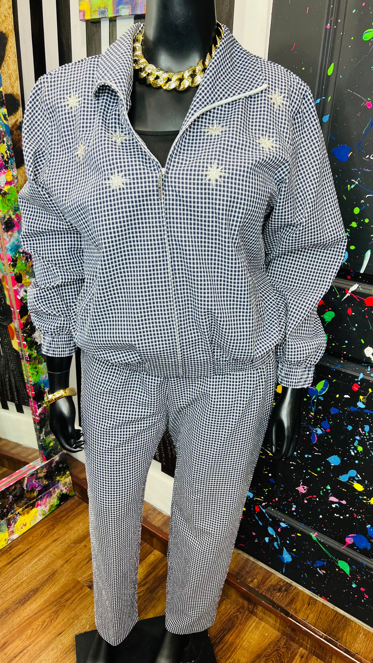 Vintage Navy Blue & White Checkered Pants Set (18)