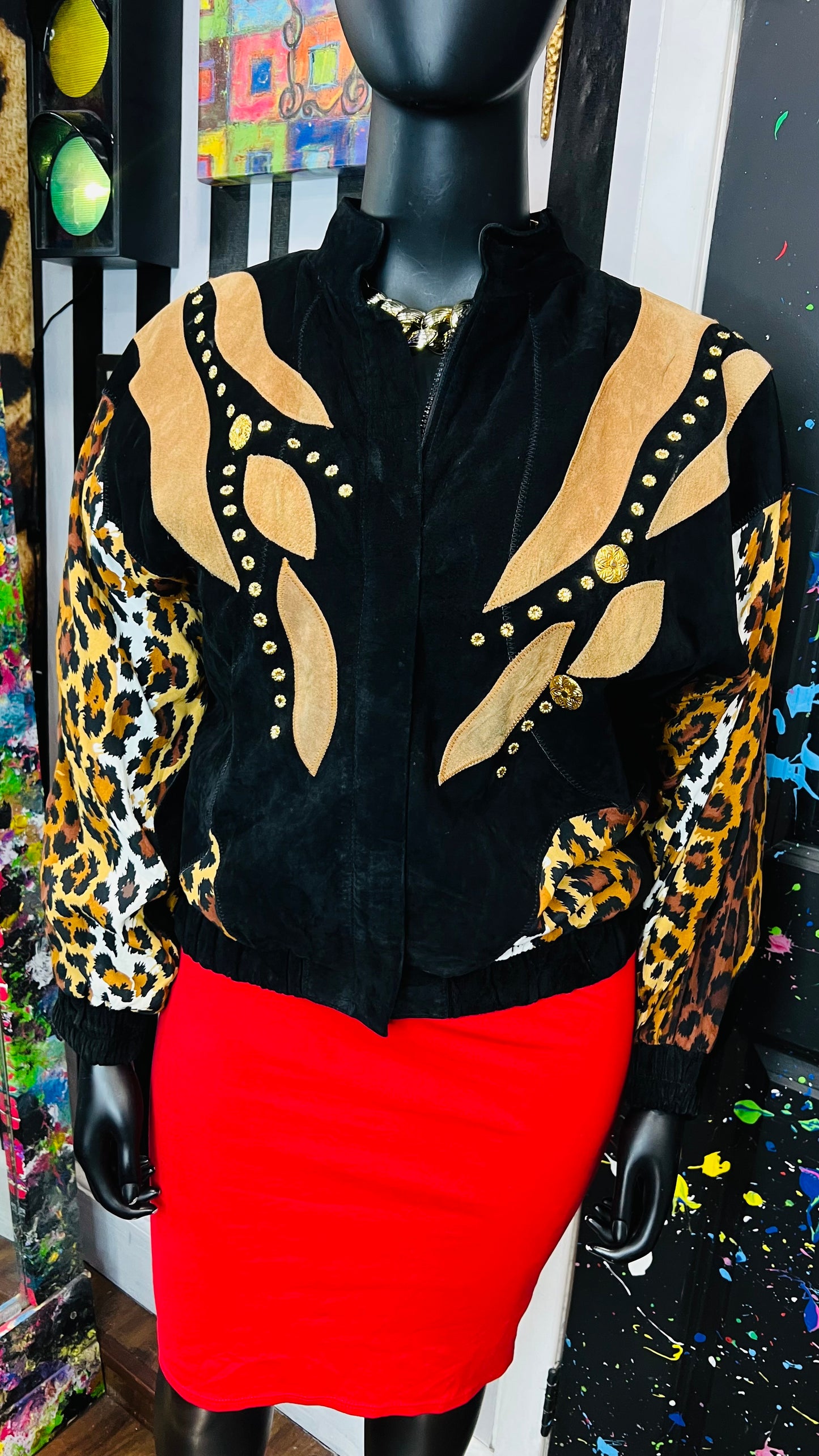 Vintage Genuine Suede Leather & Rayon Studded Animal Print Jacket (16/18)
