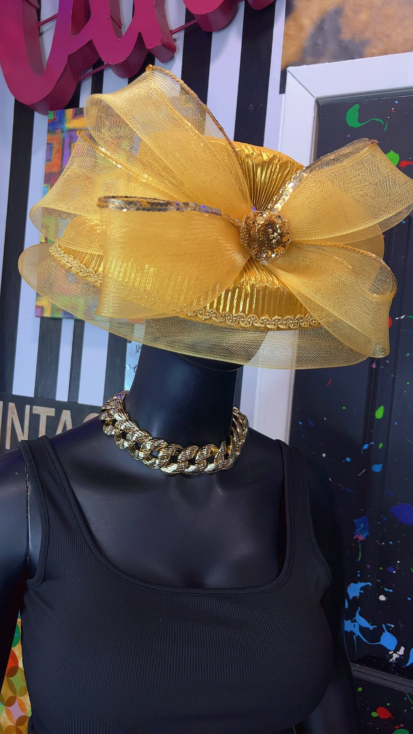 Vintage Straw & Sequin Gold Bow Hat