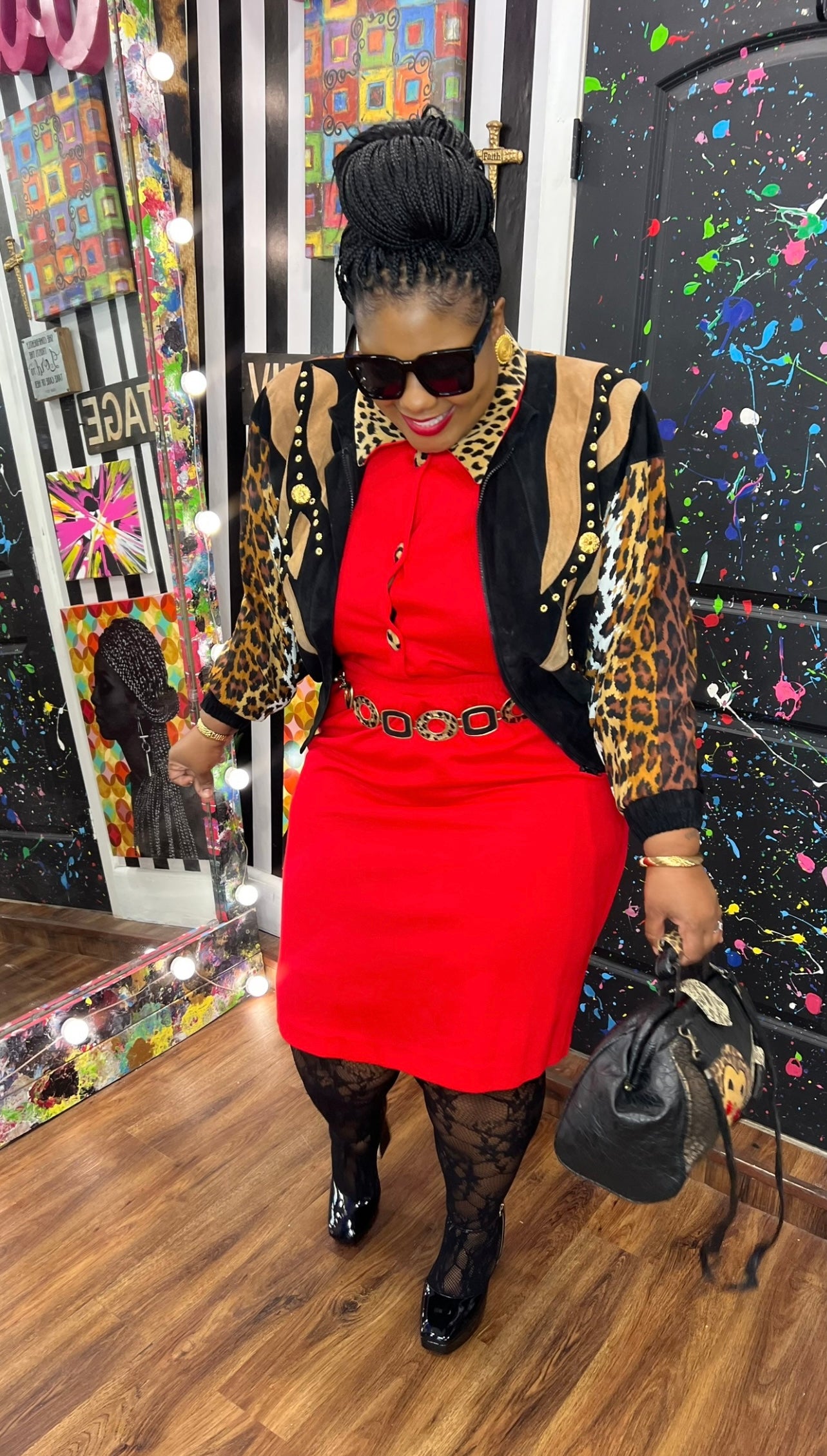 Vintage Genuine Suede Leather & Rayon Studded Animal Print Jacket (16/18)