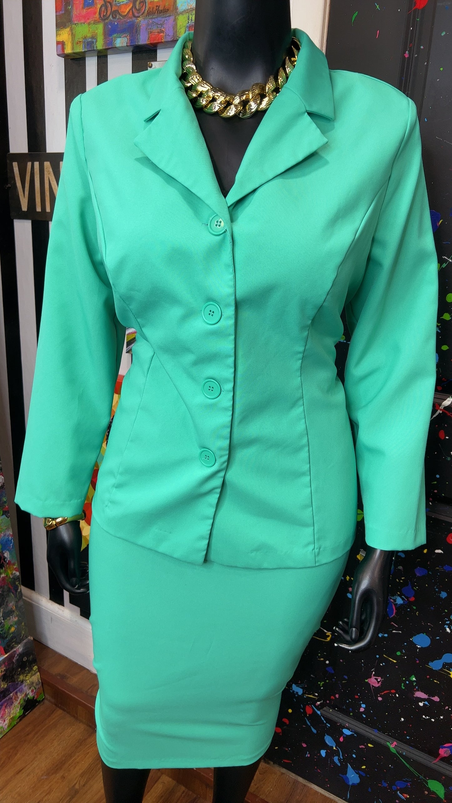 Vintage Teal Skirt & Blazer Suit (20W)
