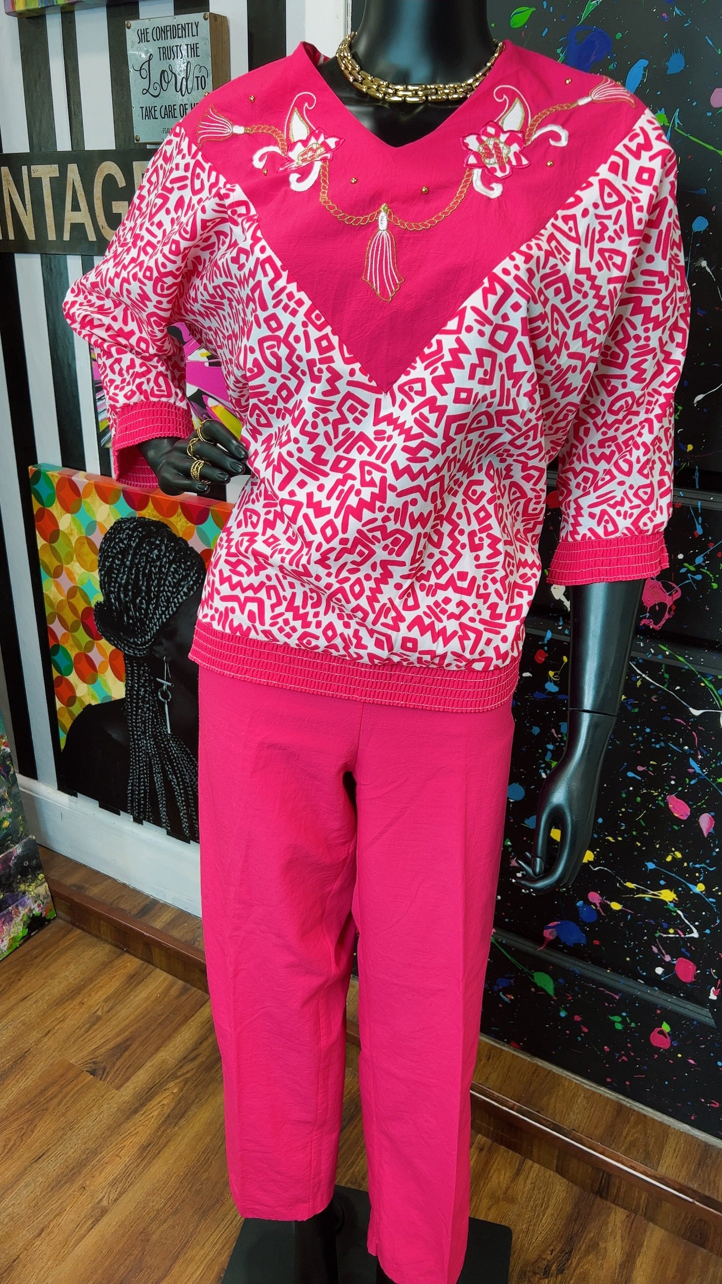 Vintage Pink & White Bonnie Pants Set (12/14)