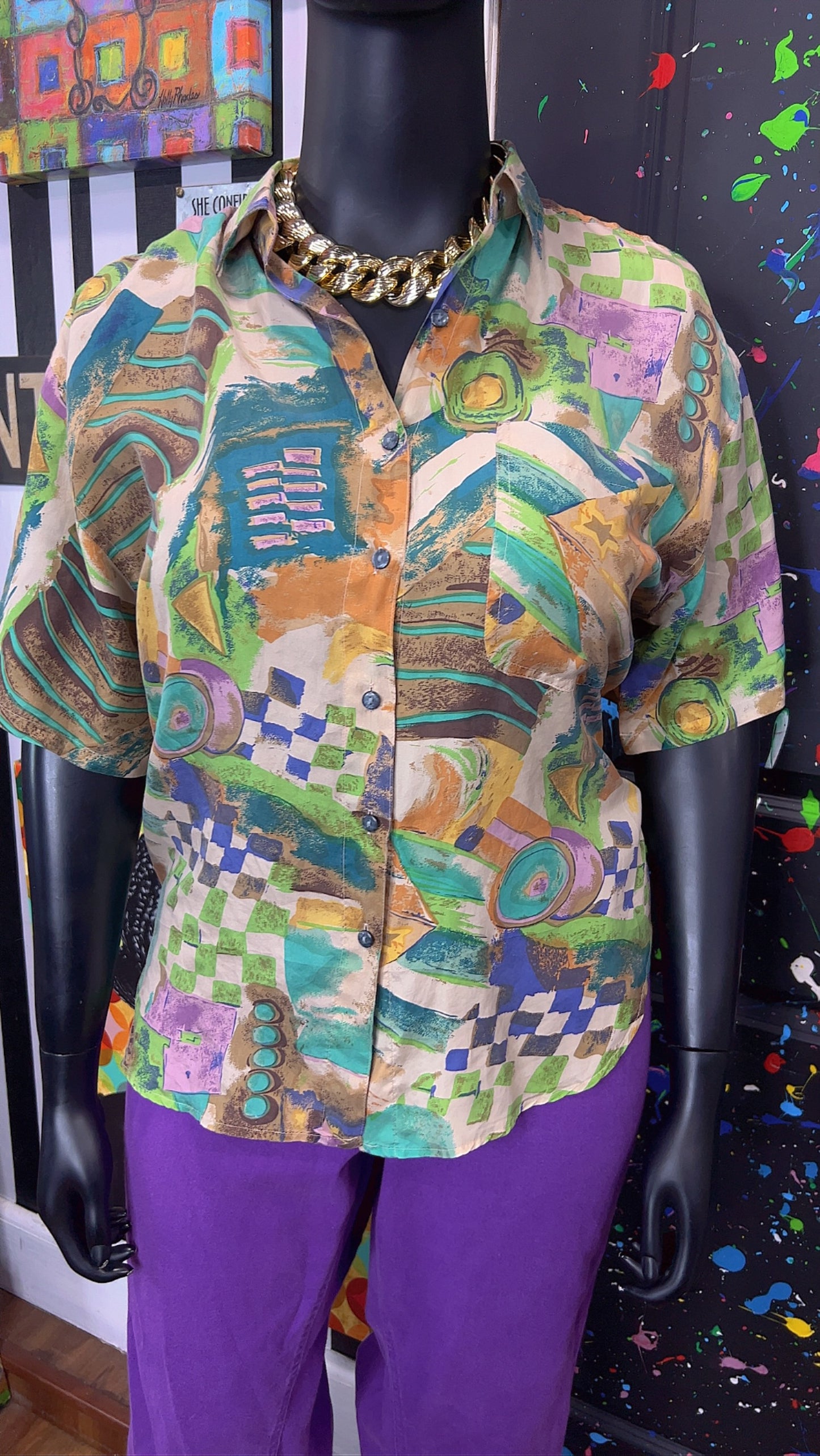 Vintage 100% Silk Abstract Blouse (16)