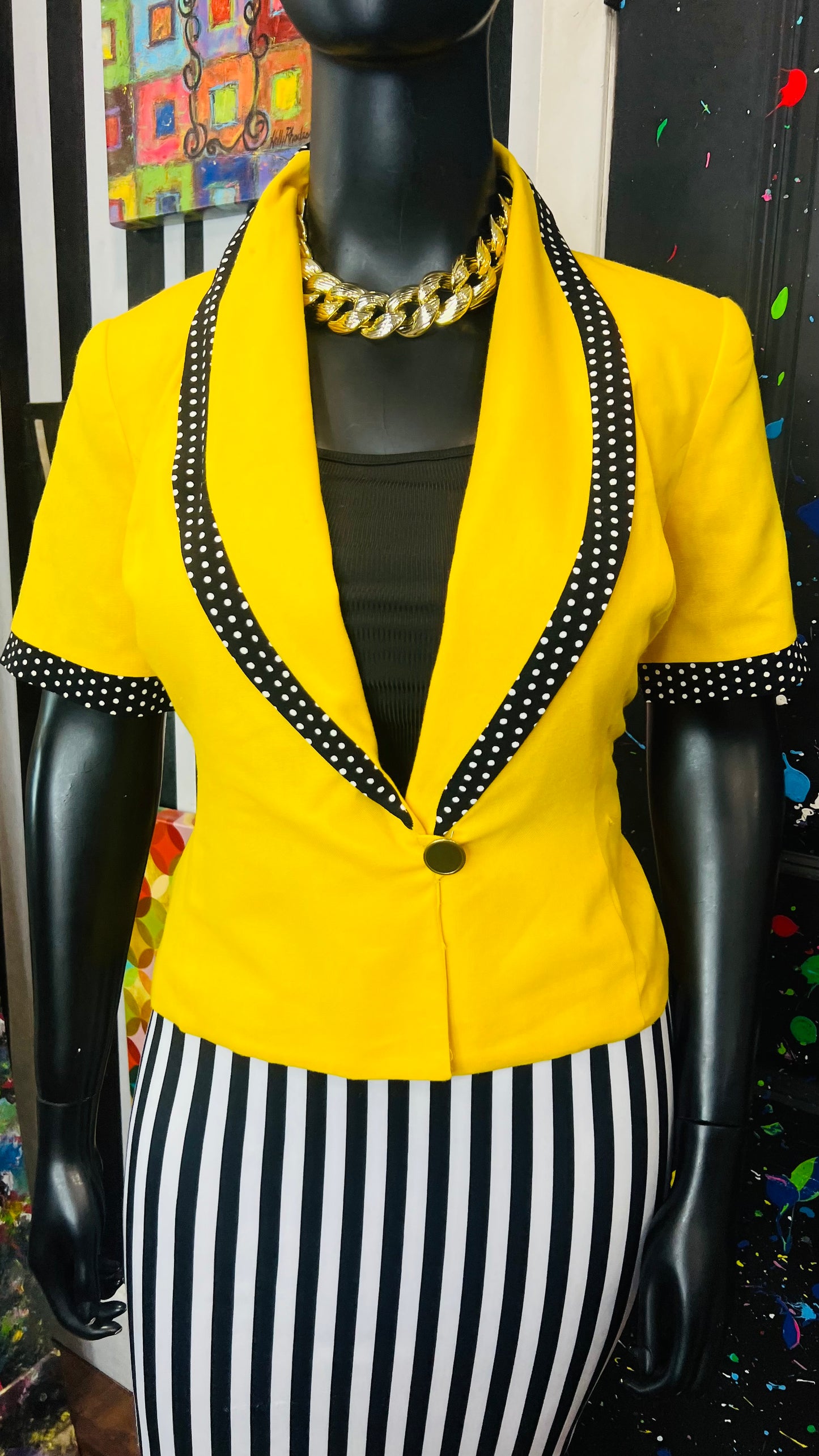 Vintage Single Button Polka Dot & Yellow Short Sleeve Blazer(12)