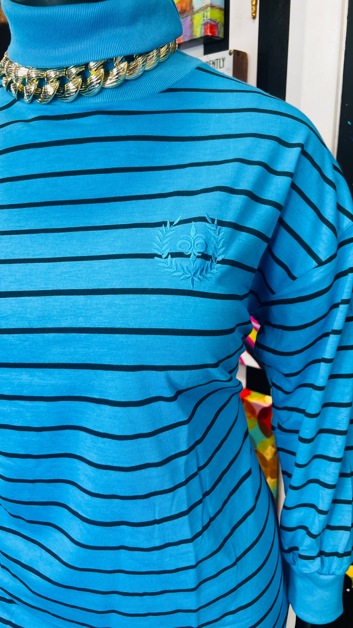 Vintage 100% Cotton Black Striped Turtle Neck- Blue (18)