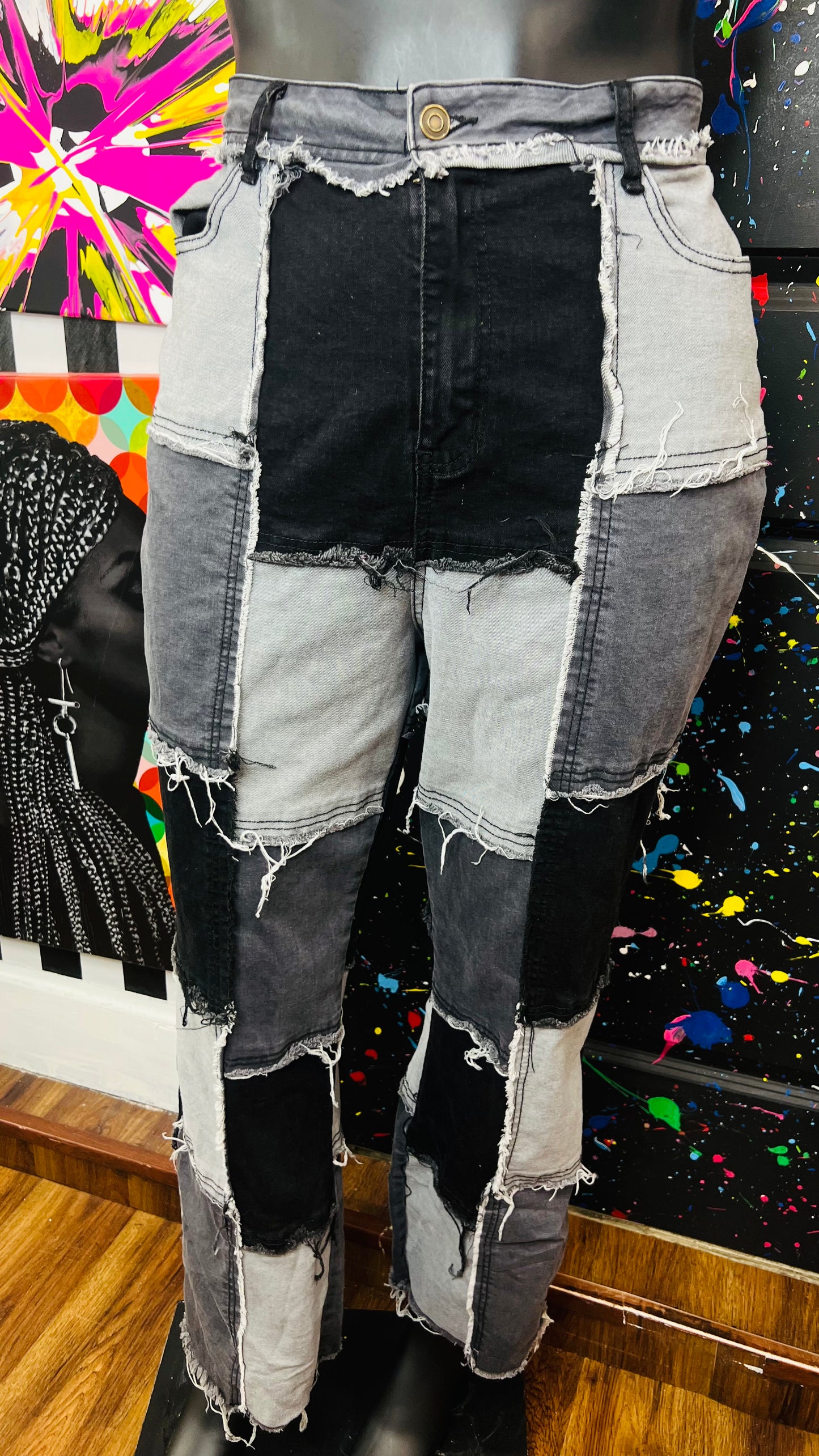 Patchwork Grey & Black Denim Stretch Jeans (16)