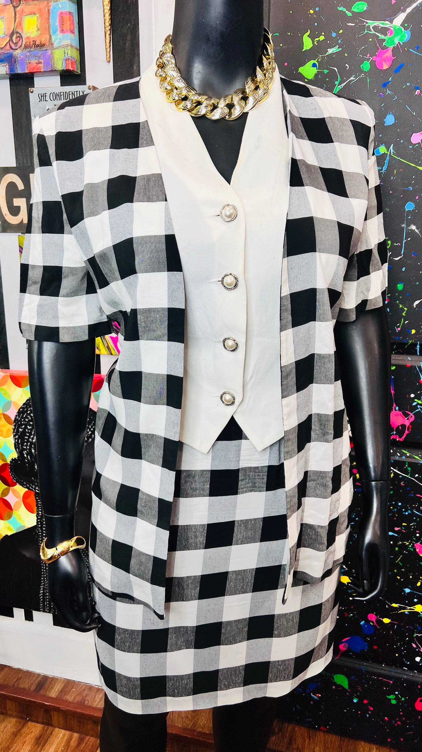 Vintage White & Black Checkered Skirt Suit (14)