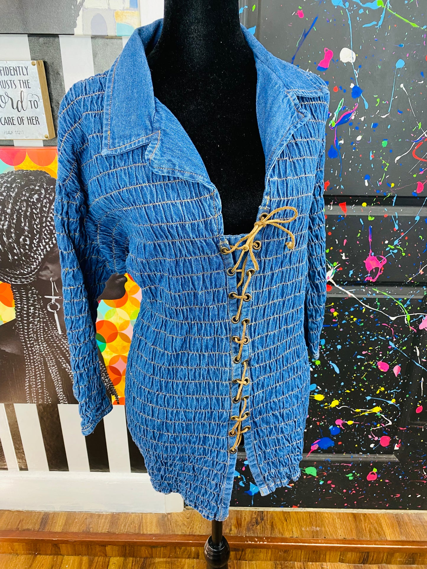 Vintage Denim Stretch Long Sleeve Blouse