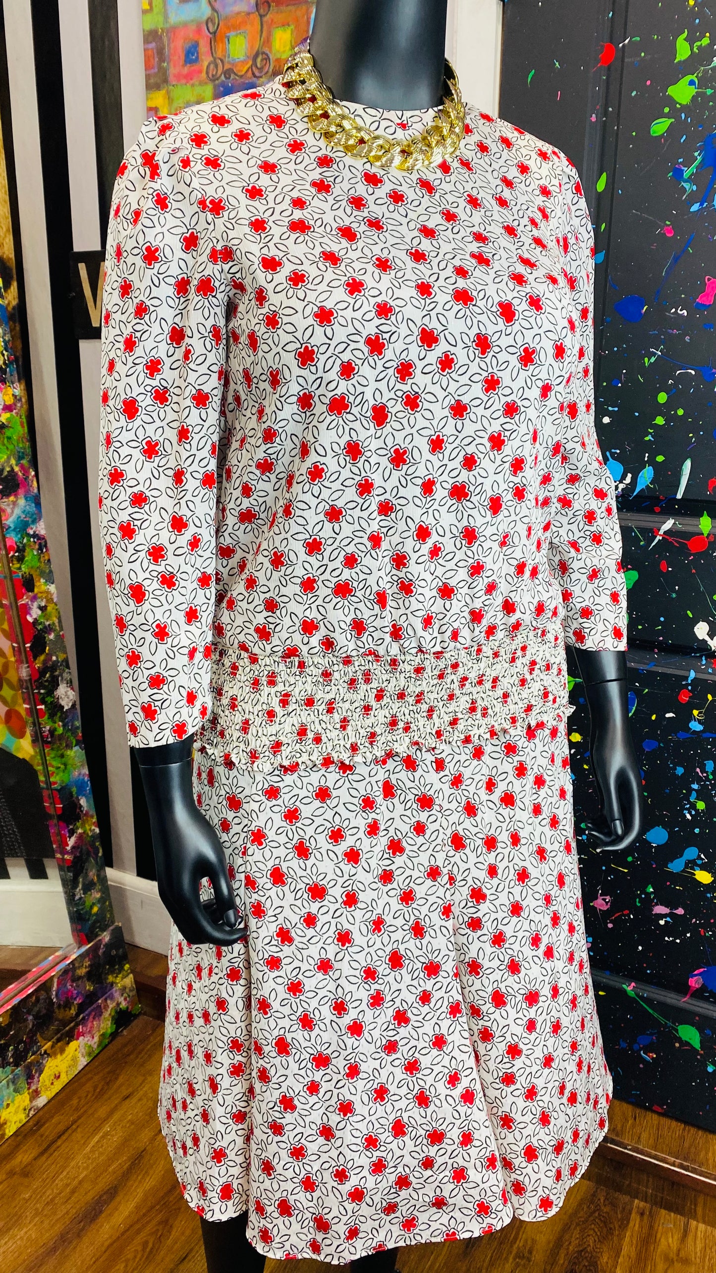 Vintage Red White & Black Floral Skirt Set (12)