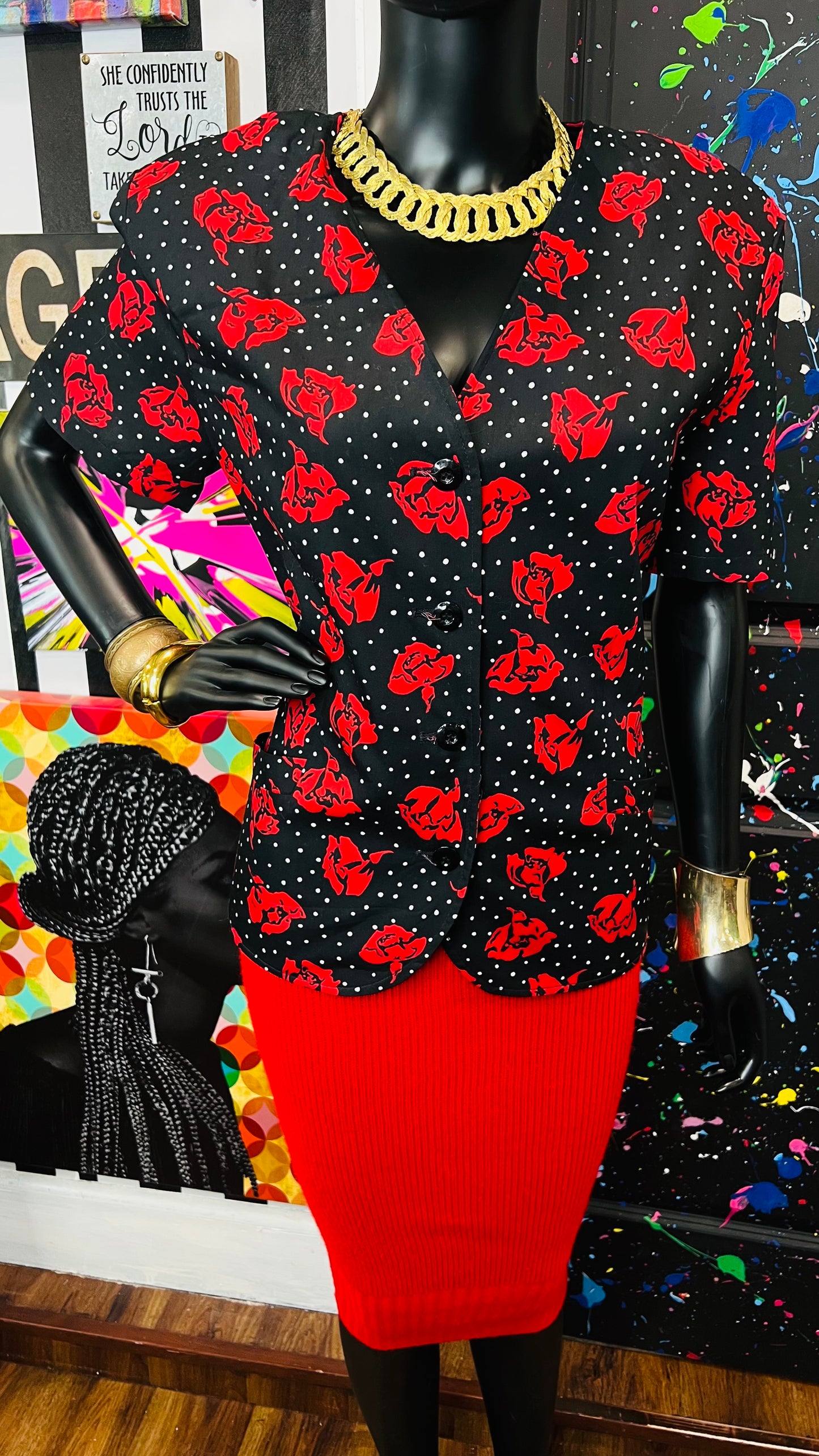 Vintage Polka Dot & Rose Blazer Blouse (12)