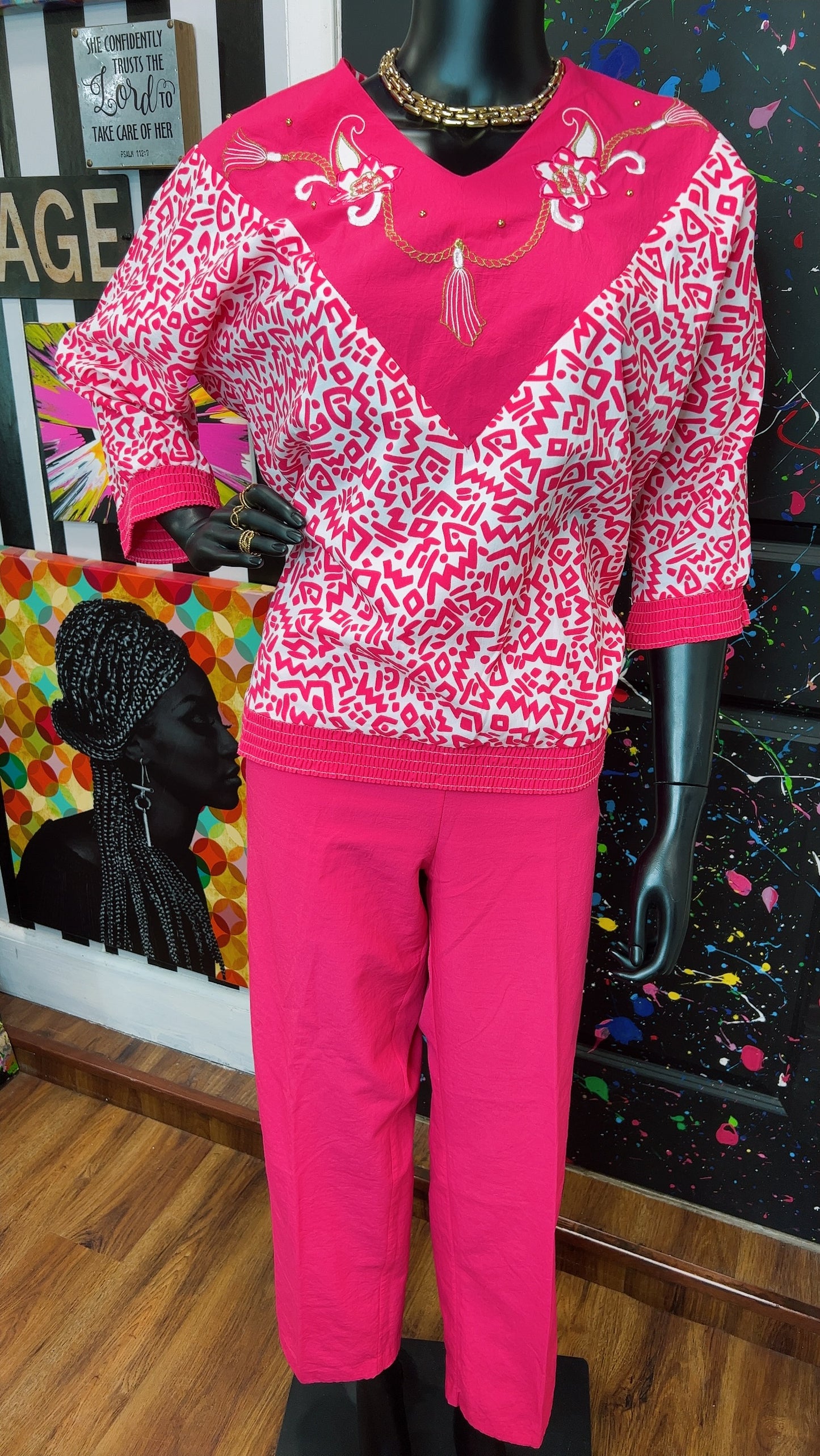 Vintage Pink & White Bonnie Pants Set (12/14)