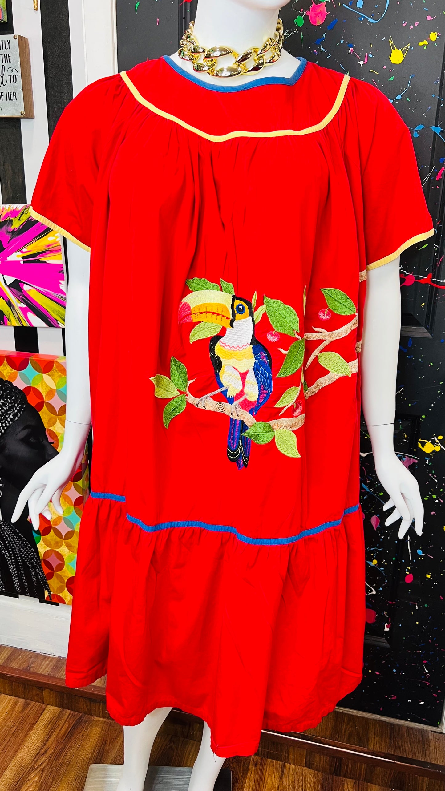 Vintage Cotton Red Parrot House Dress w/Pockets (22/24)