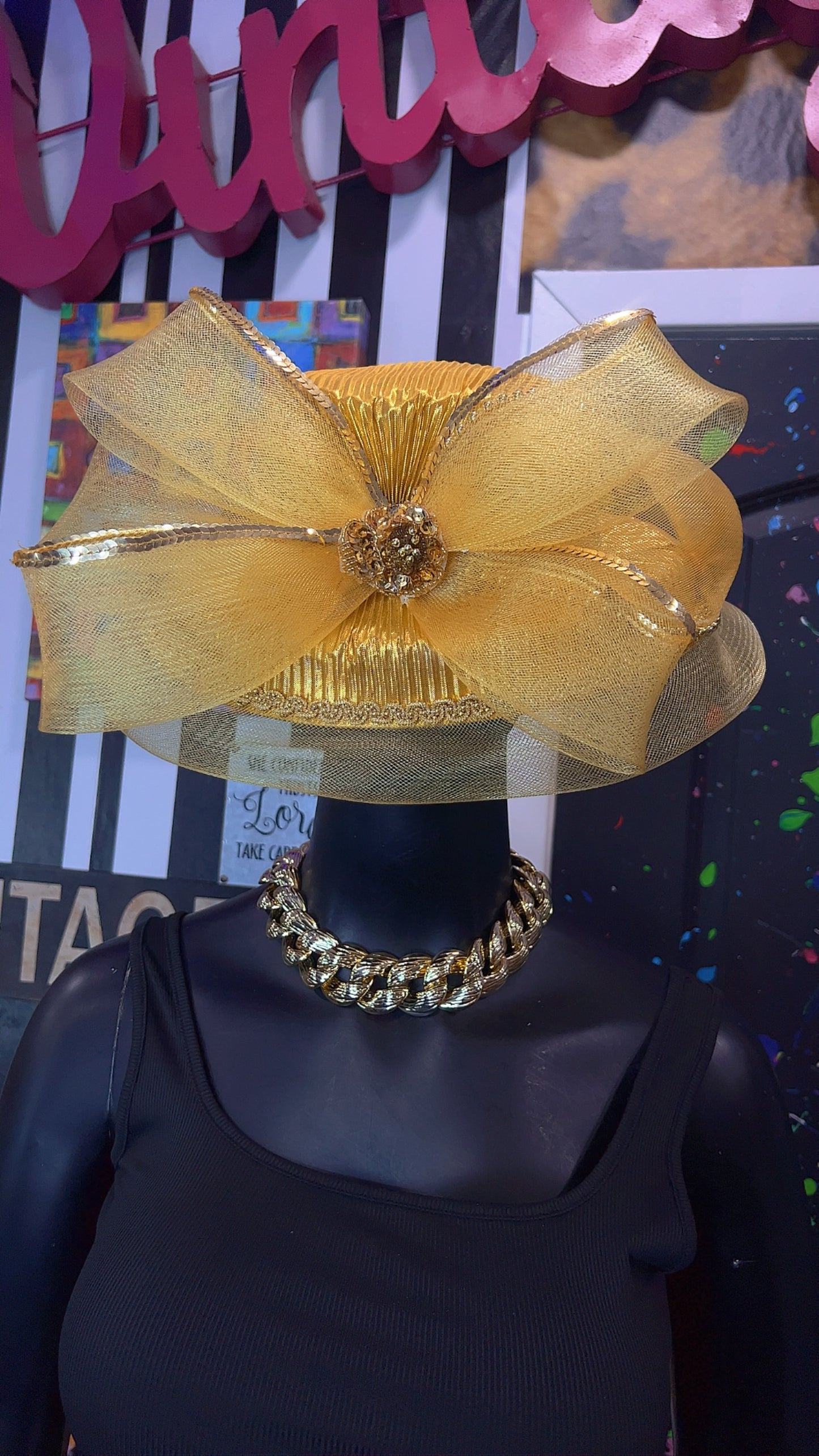 Vintage Straw & Sequin Gold Bow Hat