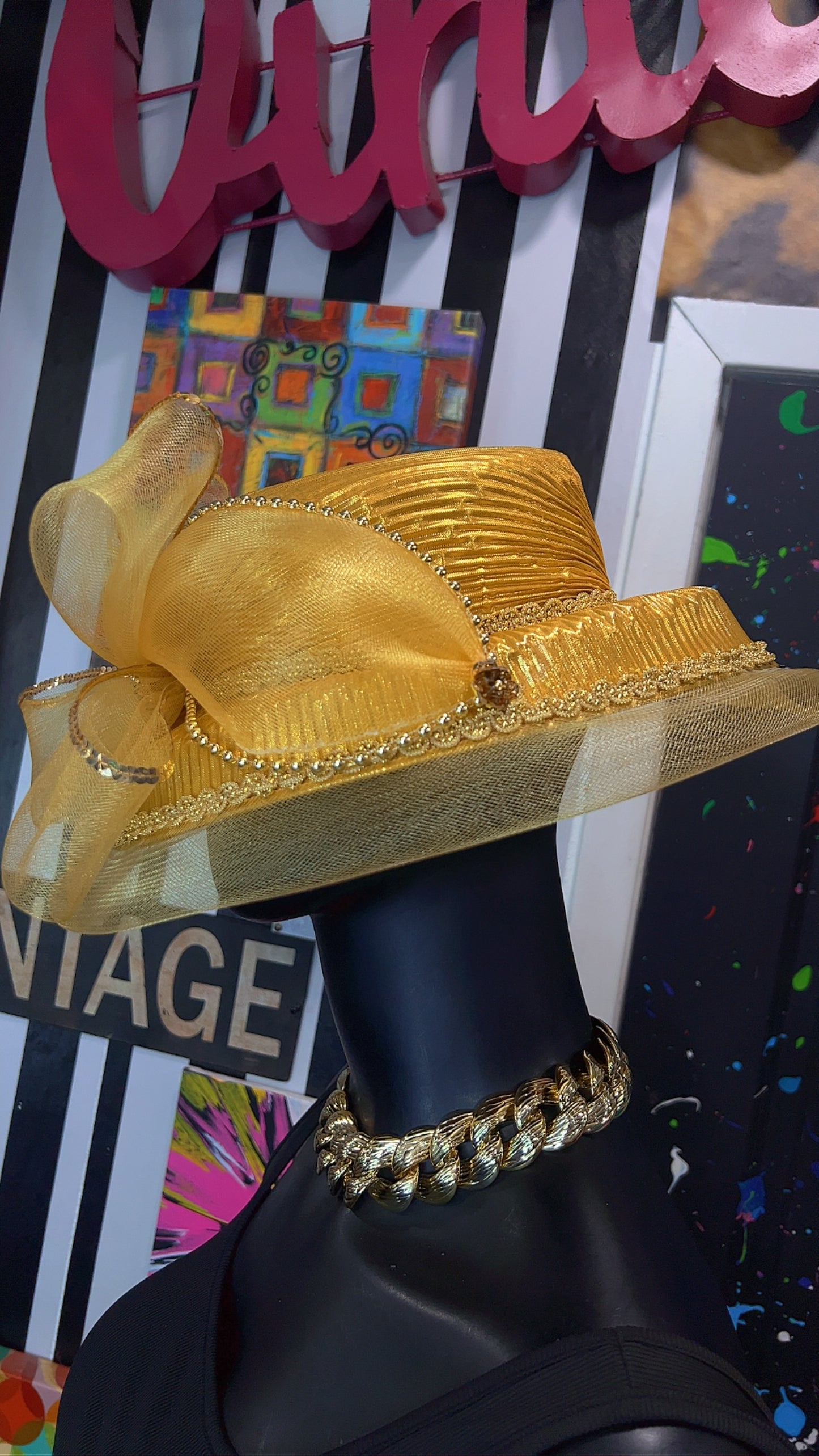 Vintage Straw & Sequin Gold Bow Hat