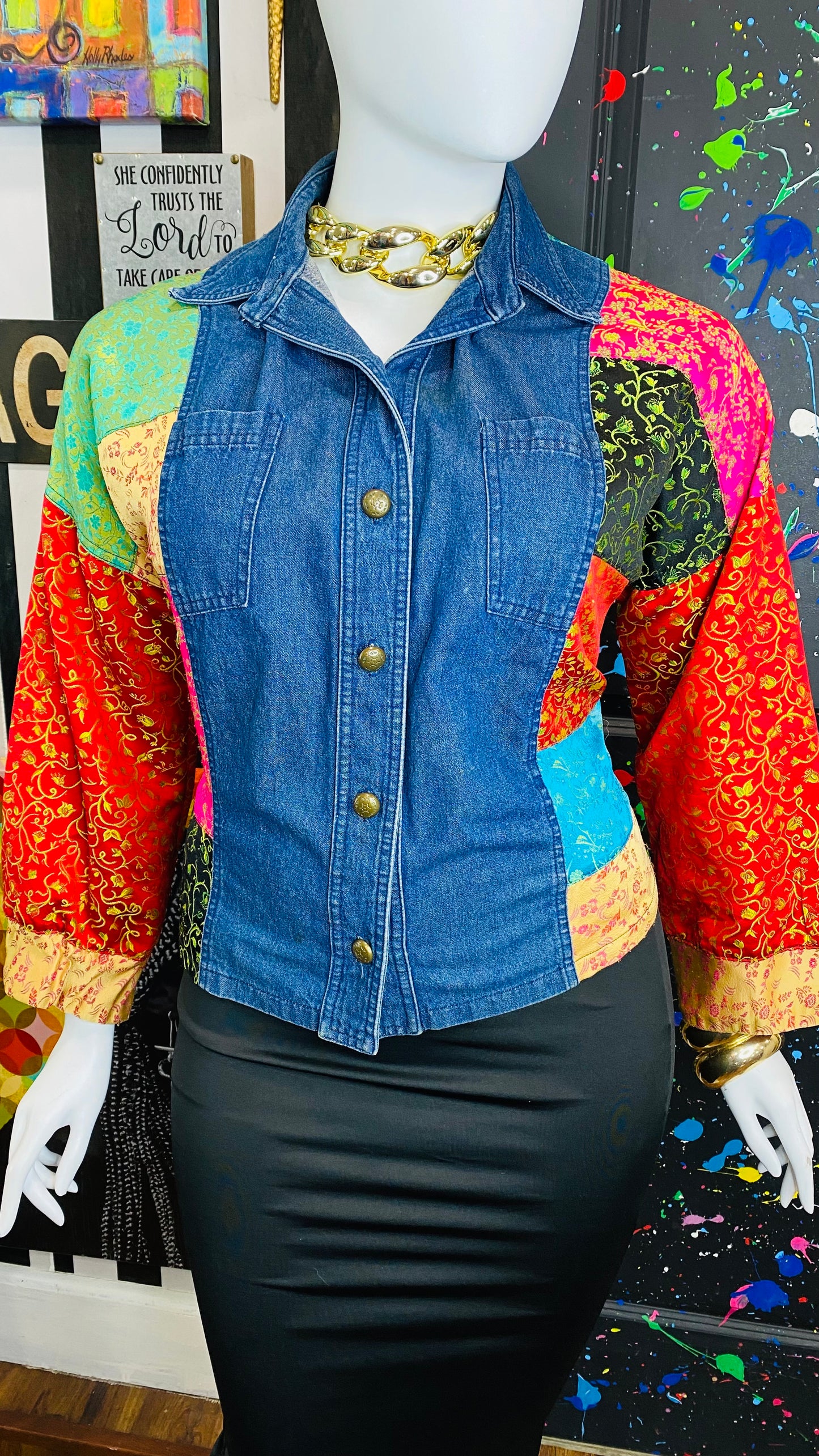 Vintage Denim & Satin Patchwork Blouse (24)