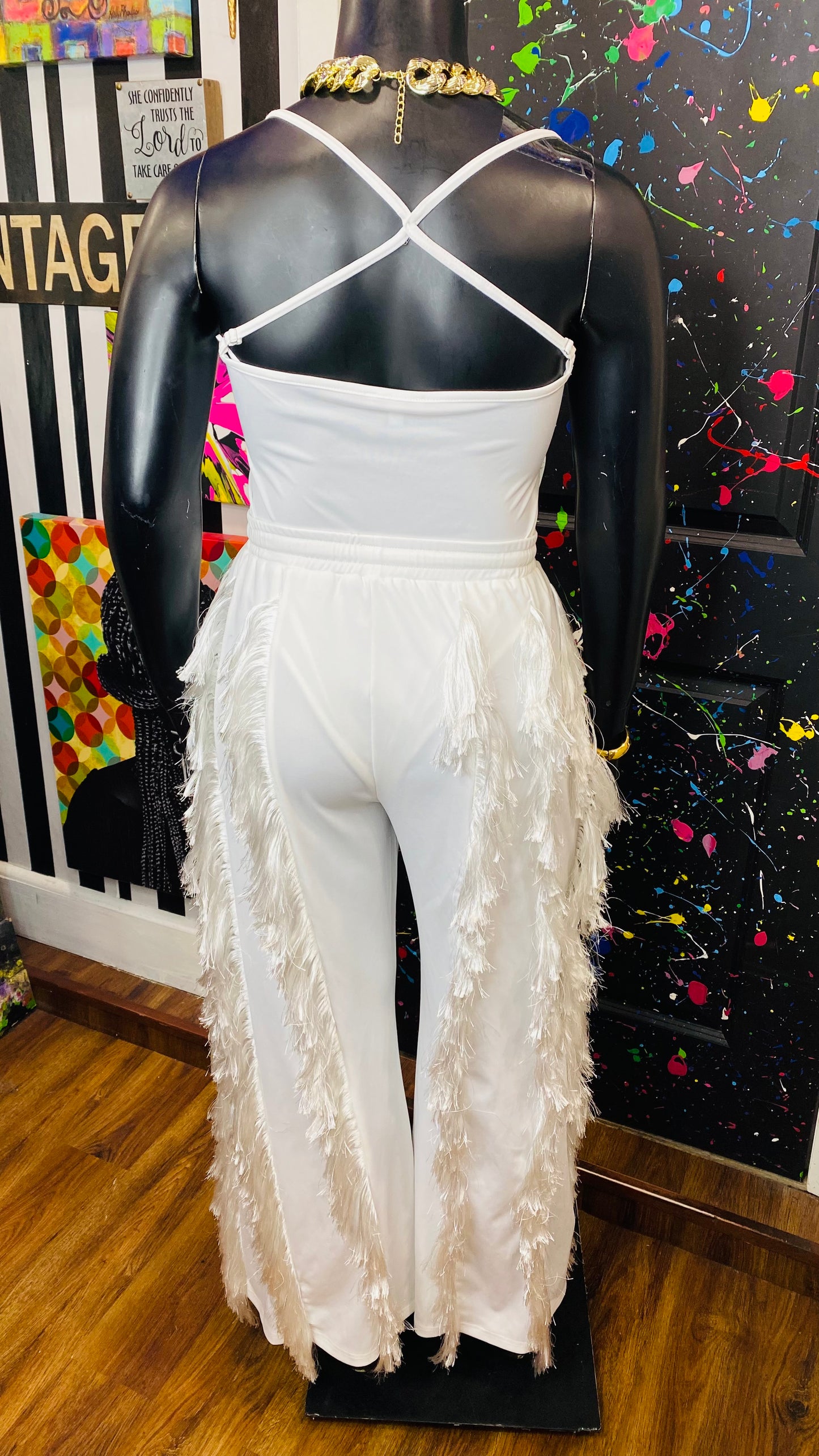 New w/ Tags White Fringe Body Suit & Pants (16)