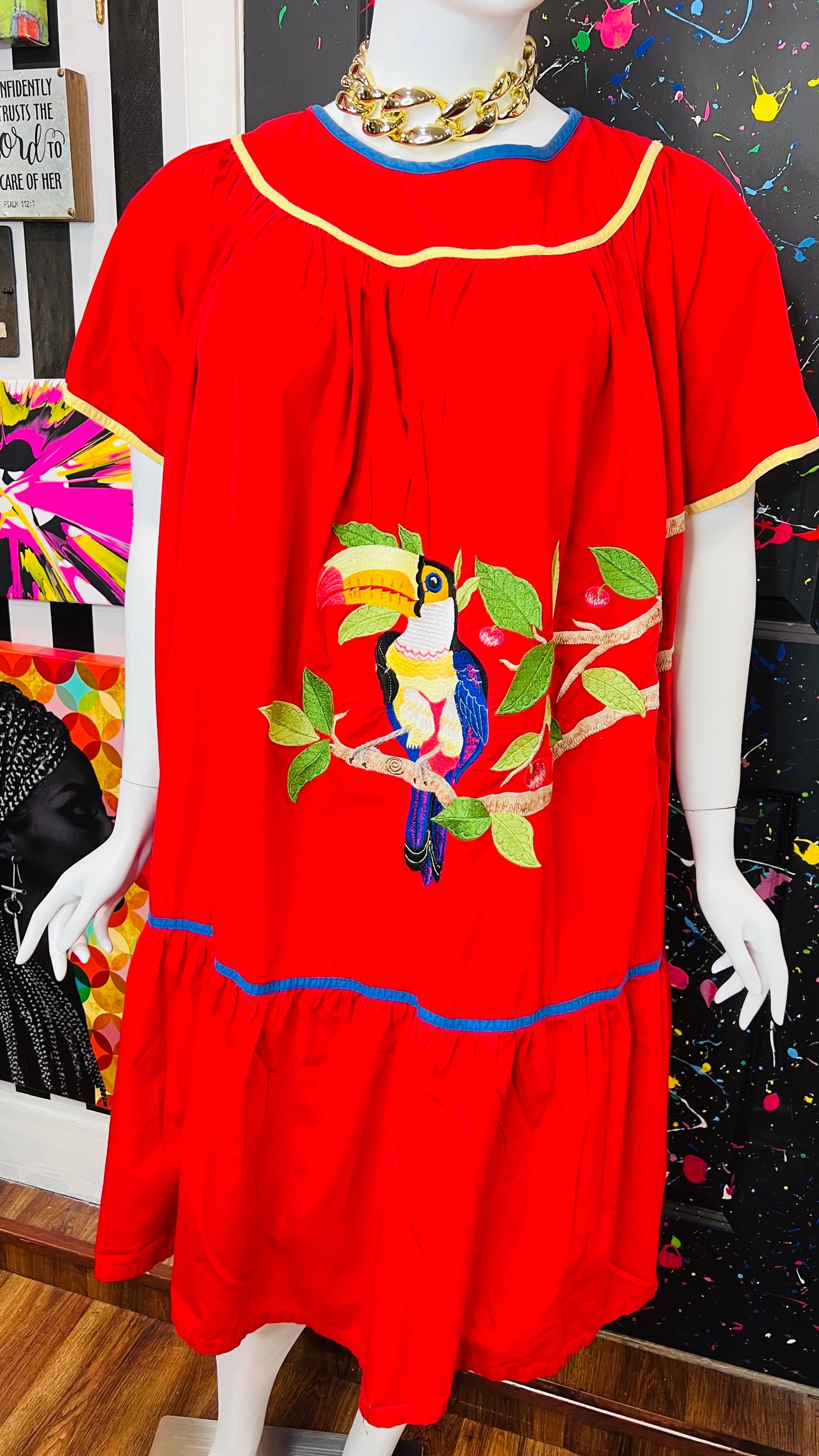 Vintage Cotton Red Parrot House Dress w/Pockets (22/24)