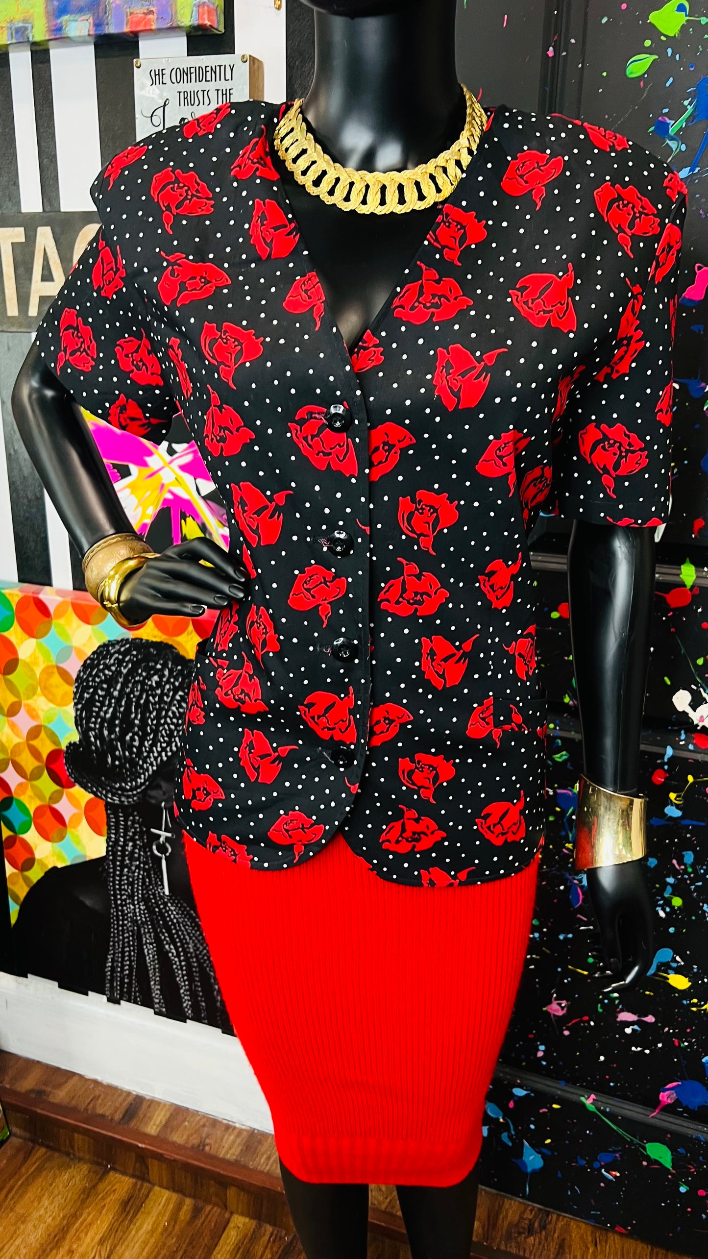 Vintage Polka Dot & Rose Blazer Blouse (12)