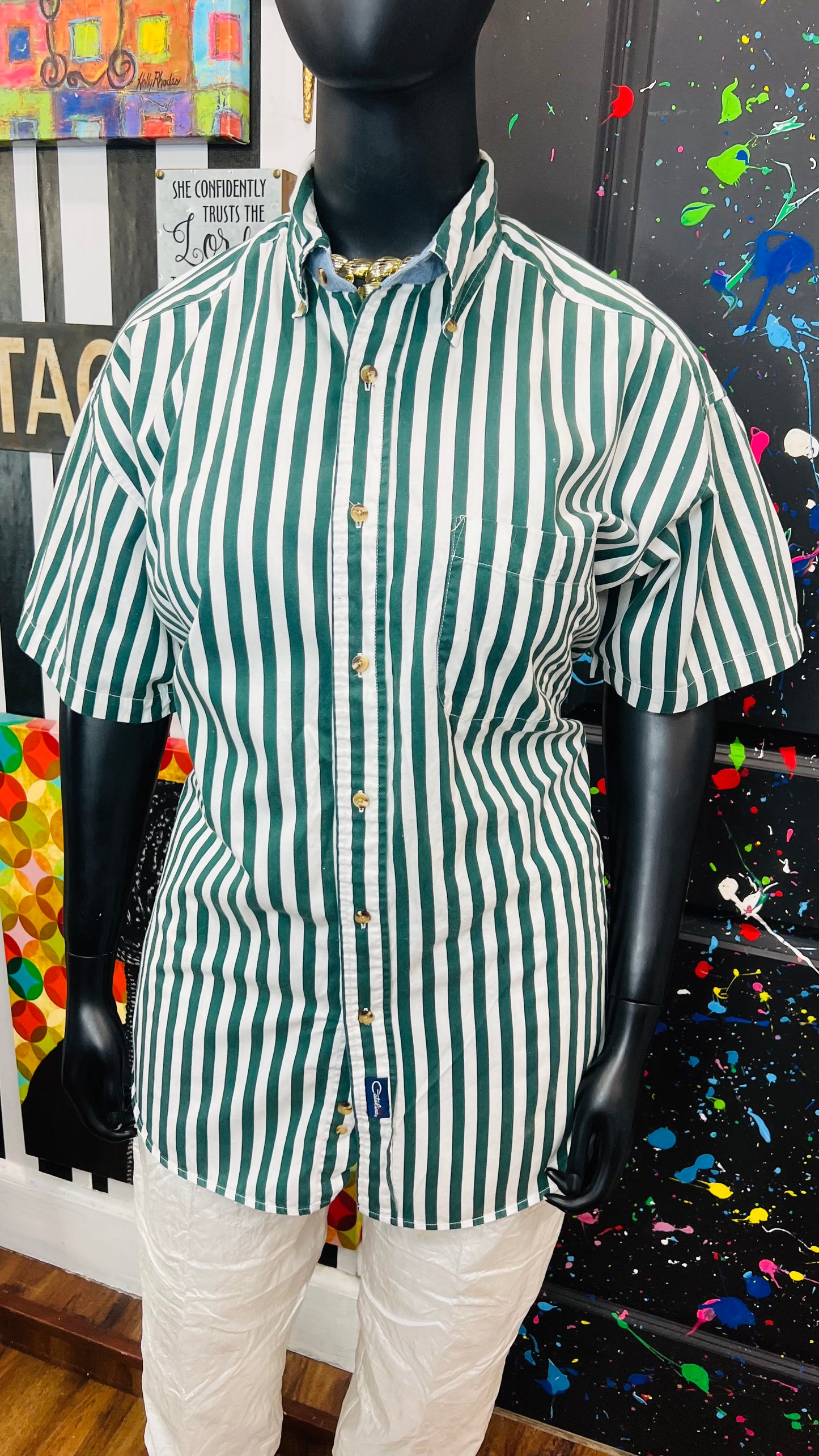 Vintage Cotton Green & White Catalina Striped Blouse (22)