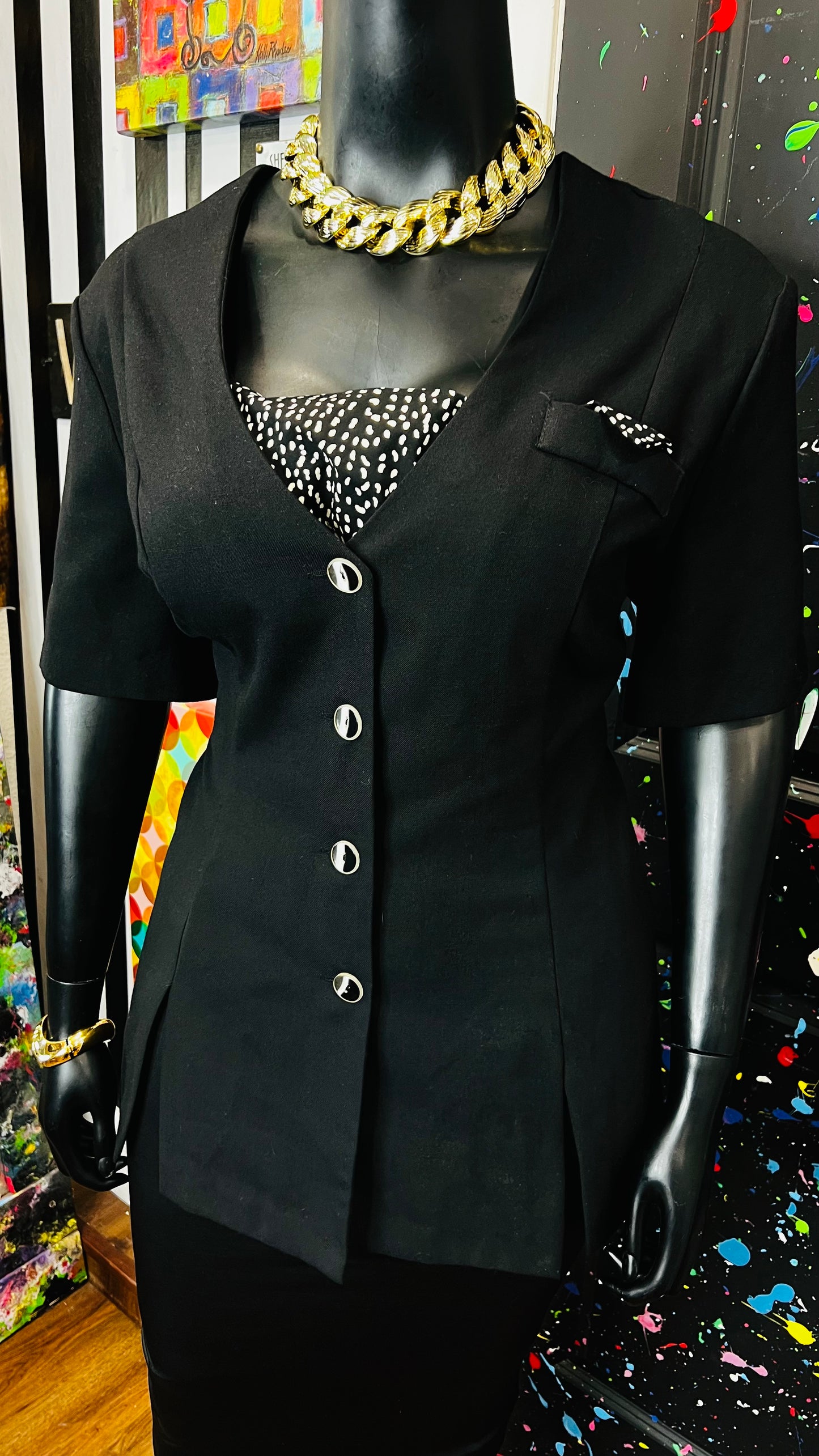 Vintage Black & Polka Dot Blazer Blouse (24W)