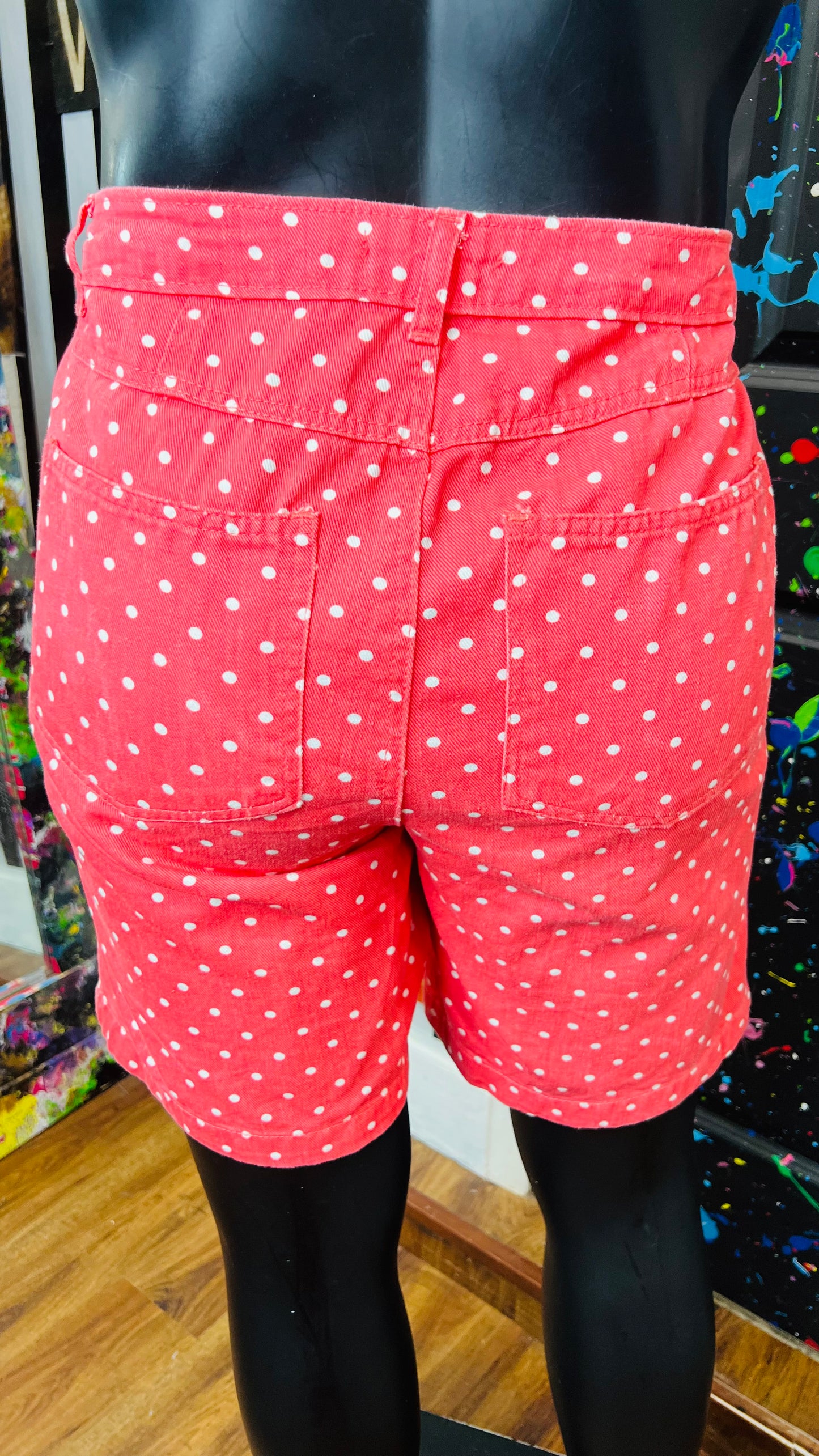 Vintage Salmon & White Polka Dot Denim Shorts (14W)
