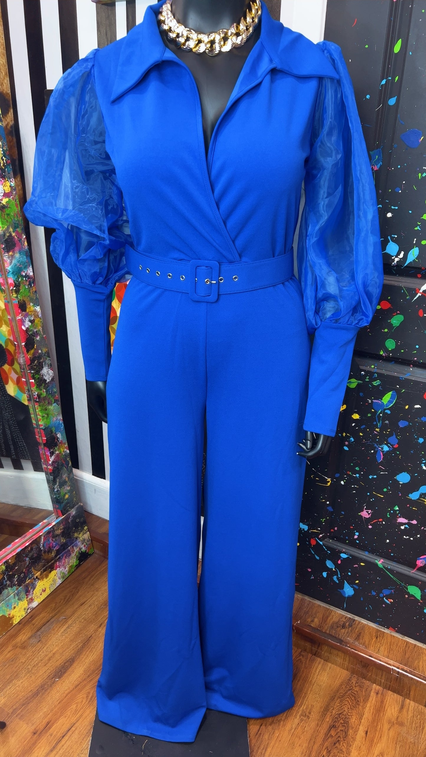 Cobalt Blue Sheer Arms Jumpsuit -New w/ Tags (14/16)