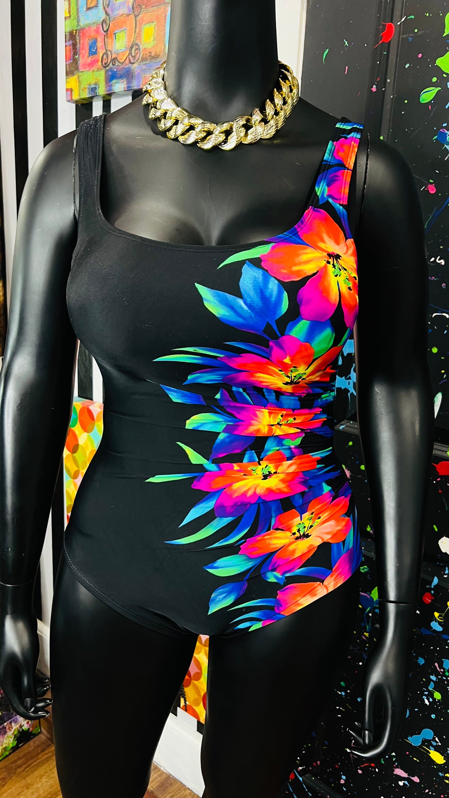 Vintage Floral Neon & Black Swimsuit (12)