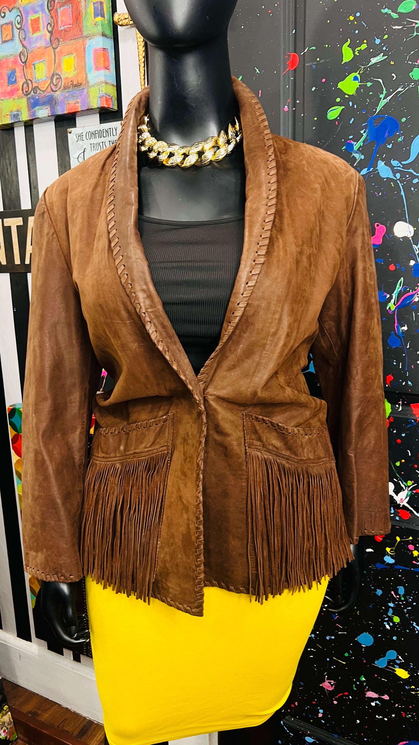 Vintage Genuine Leather Brown Fringe Blazer (18)