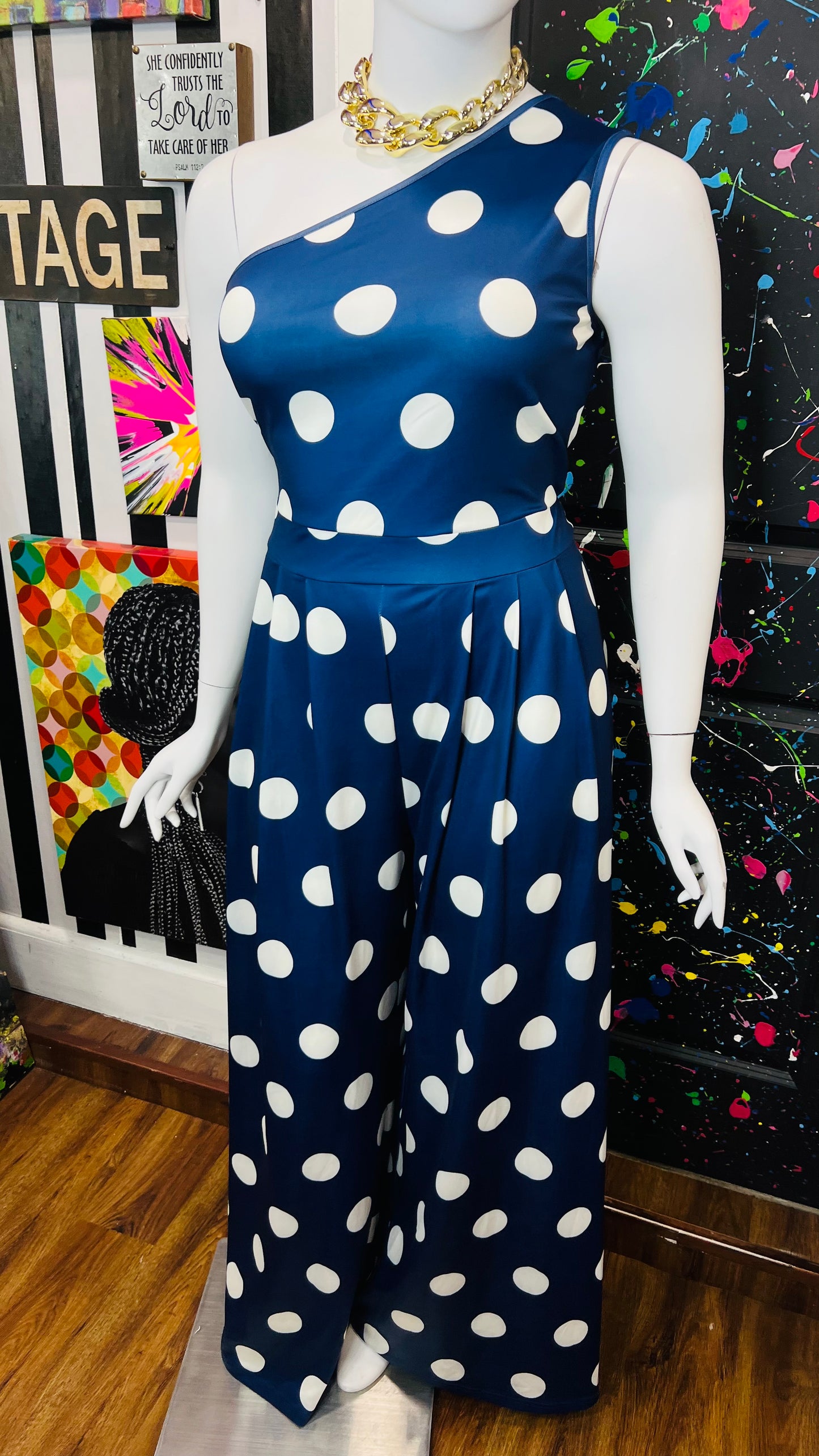 Vintage Inspired New w/ Tags Navy Blue & White Polka Dot Jumpsuit (18/20)