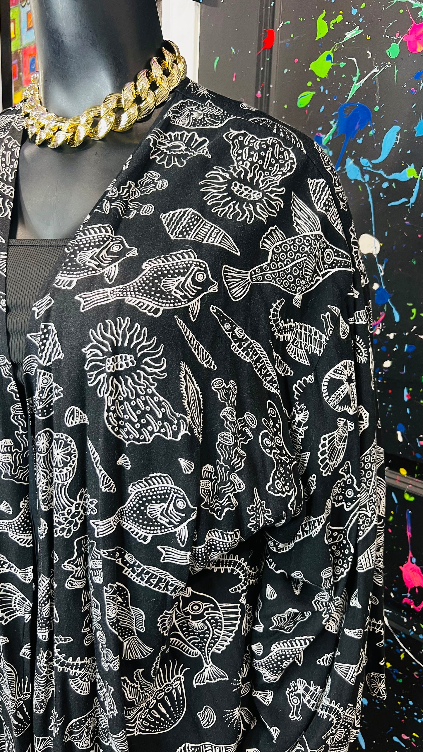 Vintage Fish Black & White Rayon Duster (OS)