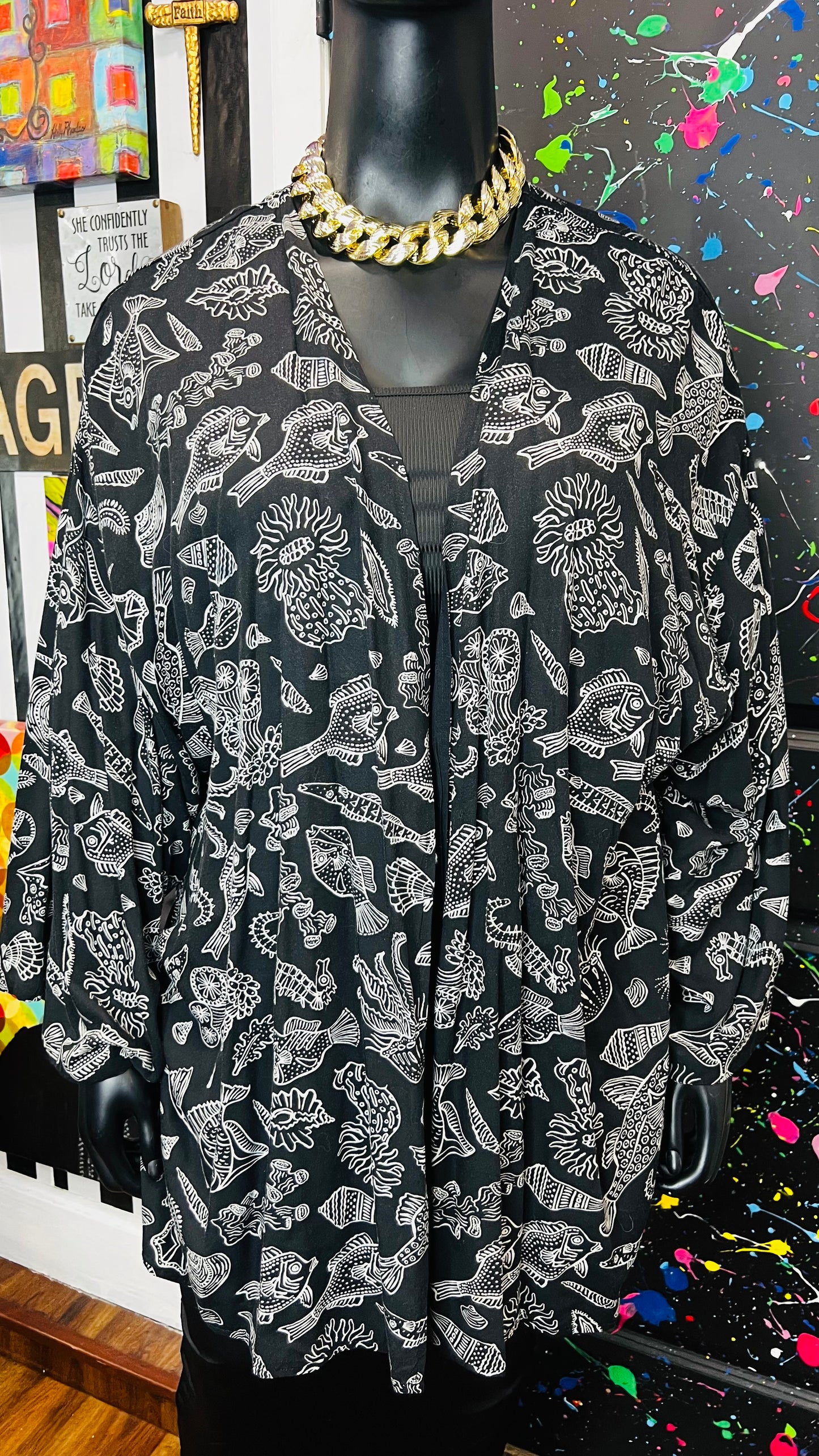 Vintage Fish Black & White Rayon Duster (OS)