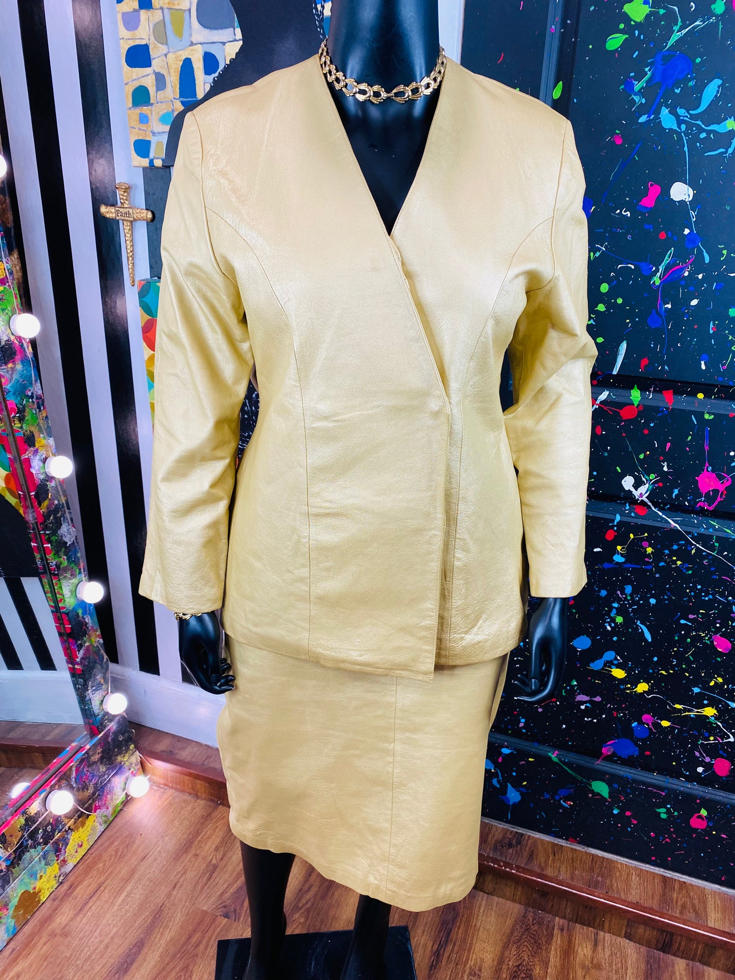 Vintage Gold Leather 2 piece Skirt Set