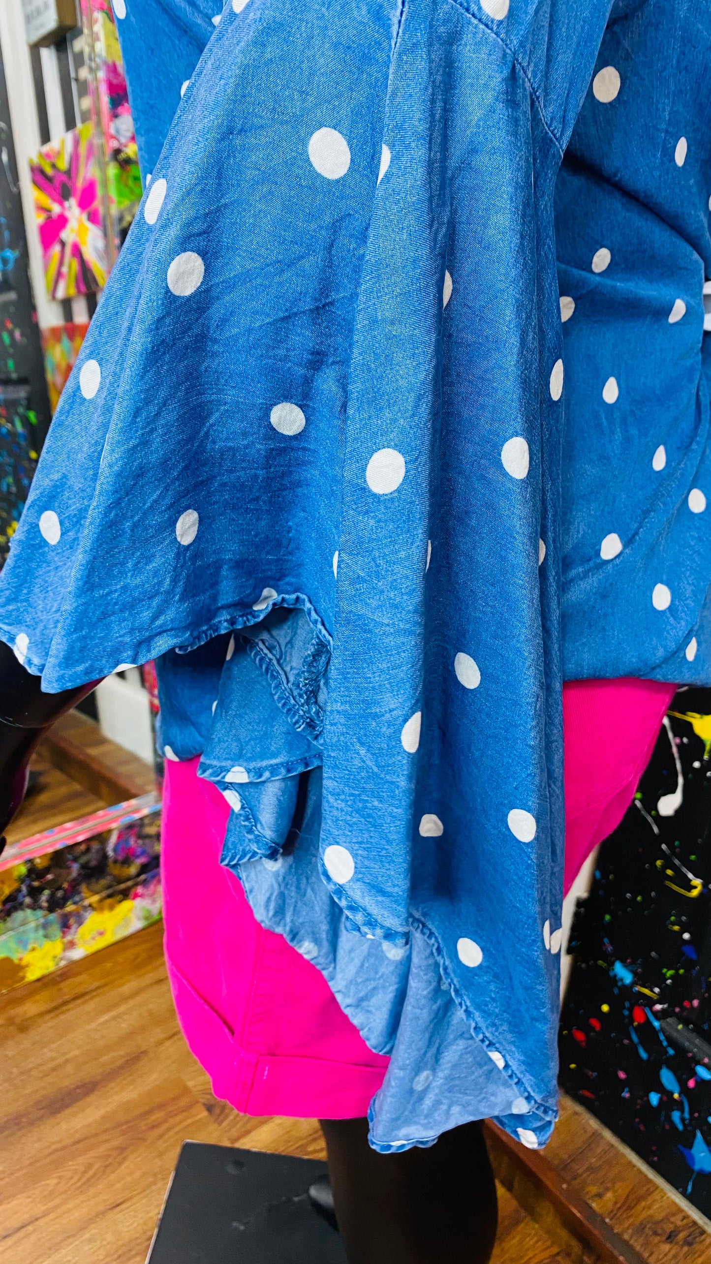 Denim & Polka Dot Exaggerated Sleeve Blouse (14)