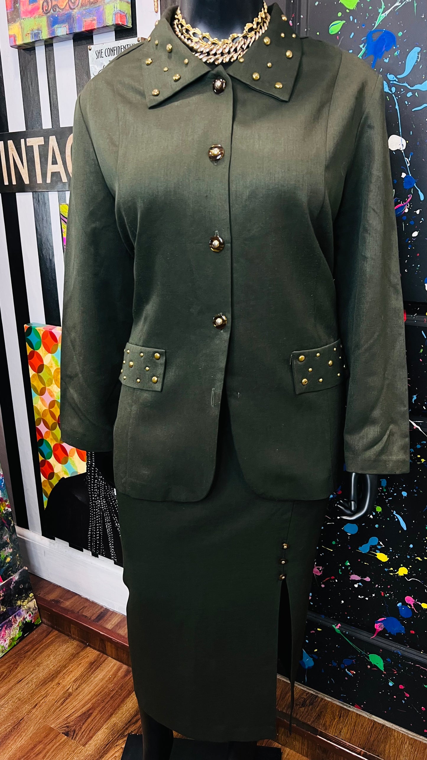Vintage Army Green Studded Skirt Set (24W)