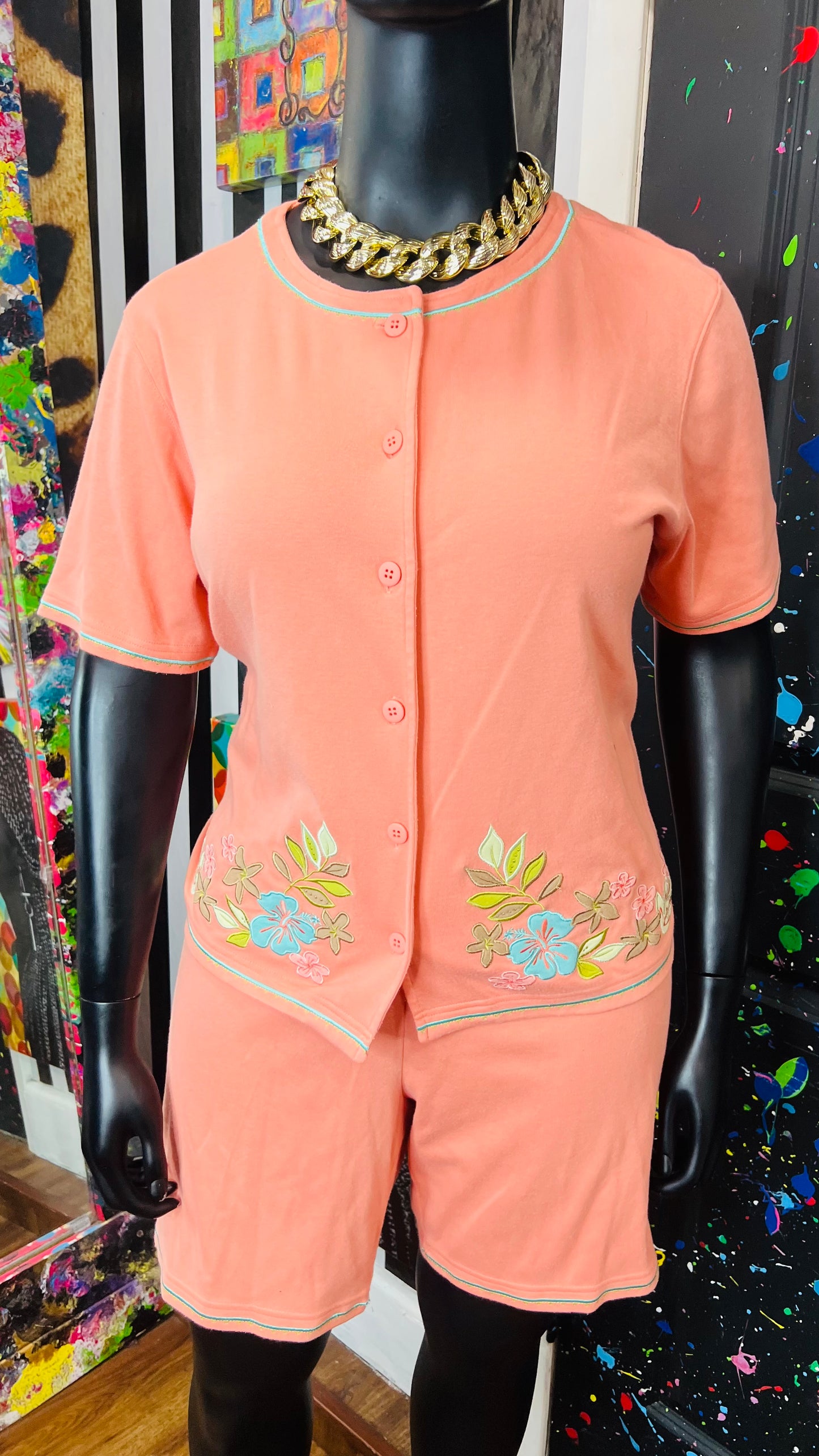 Vintage Cotton Floral Peach Shorts Set (18)