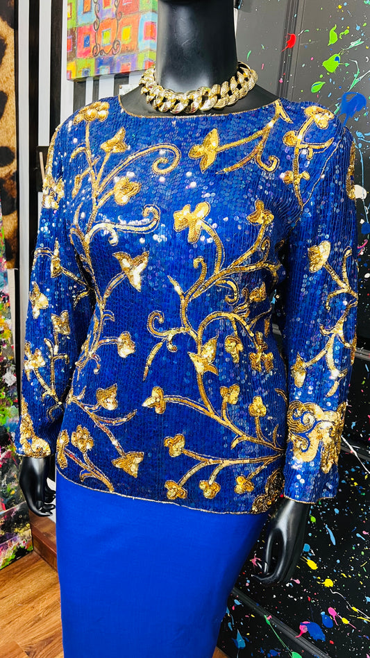 Vintage Blue & Gold Sequin Blouse (14)