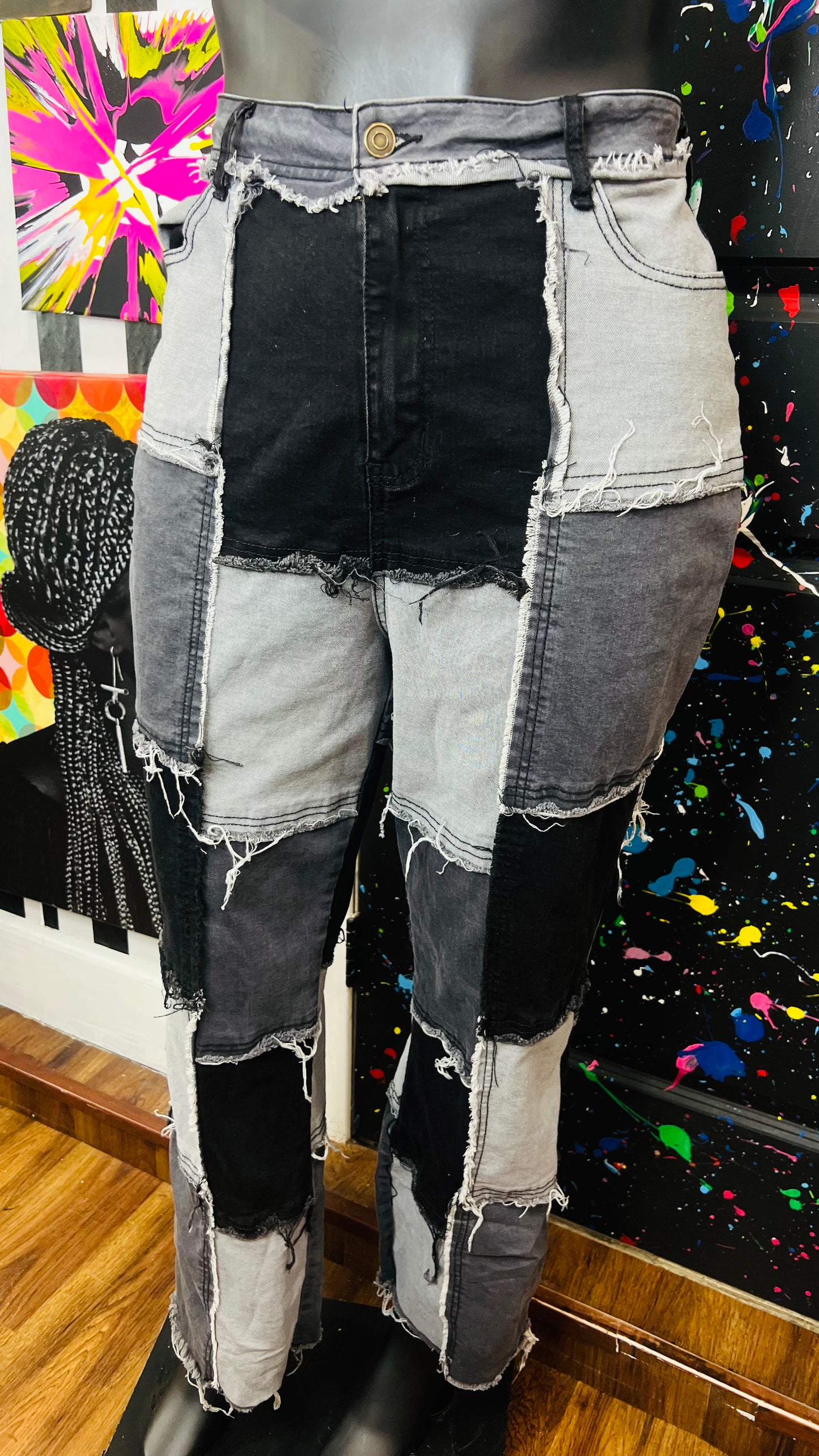 Patchwork Grey & Black Denim Stretch Jeans (16)