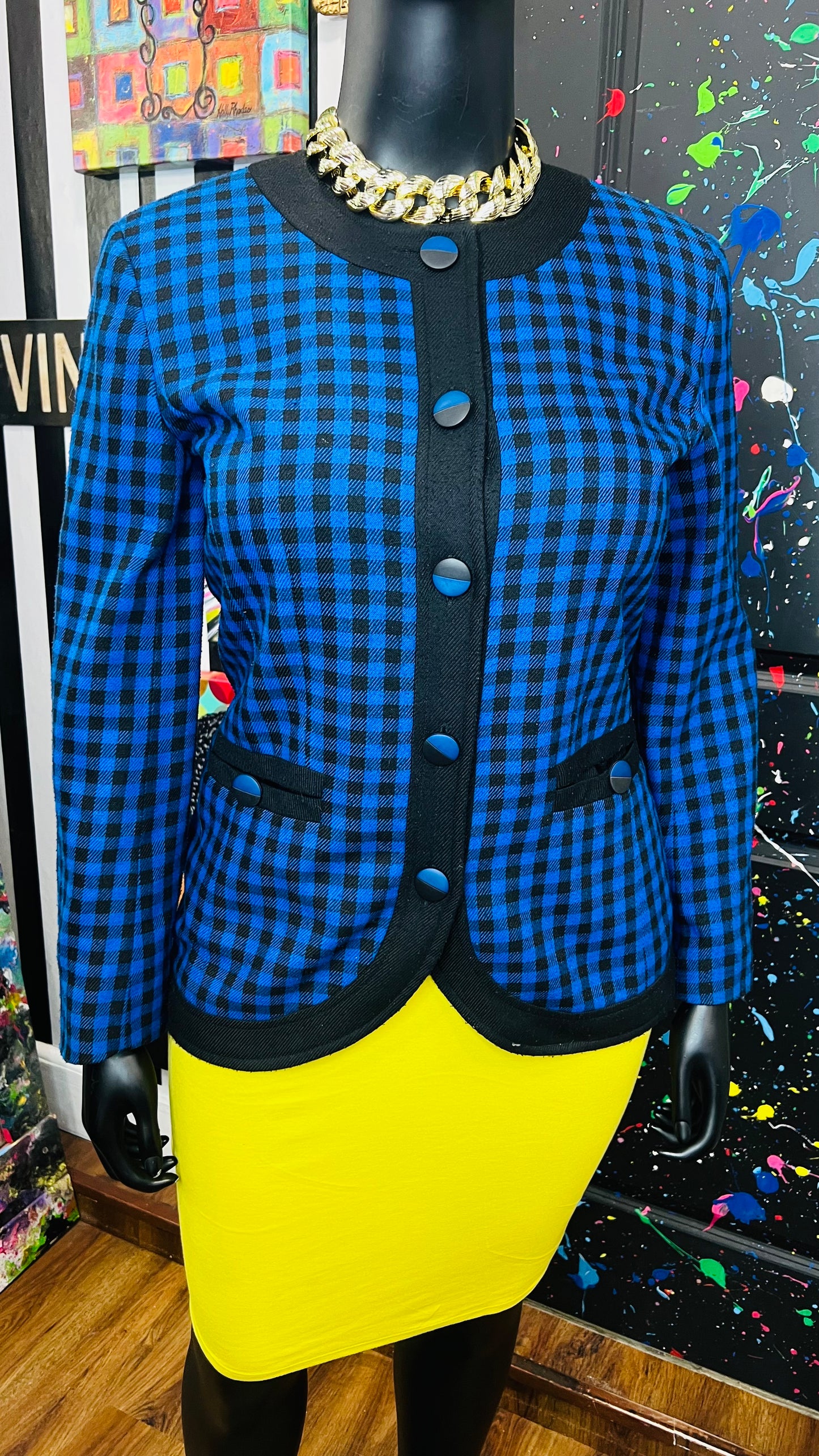 Vintage Leslie Fay Checkered Blue & Black Blazer (14)