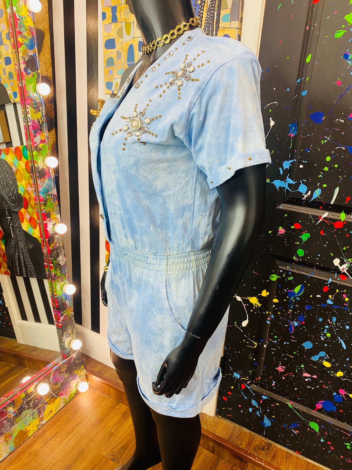 Vintage Denim Jewel Studded Romper