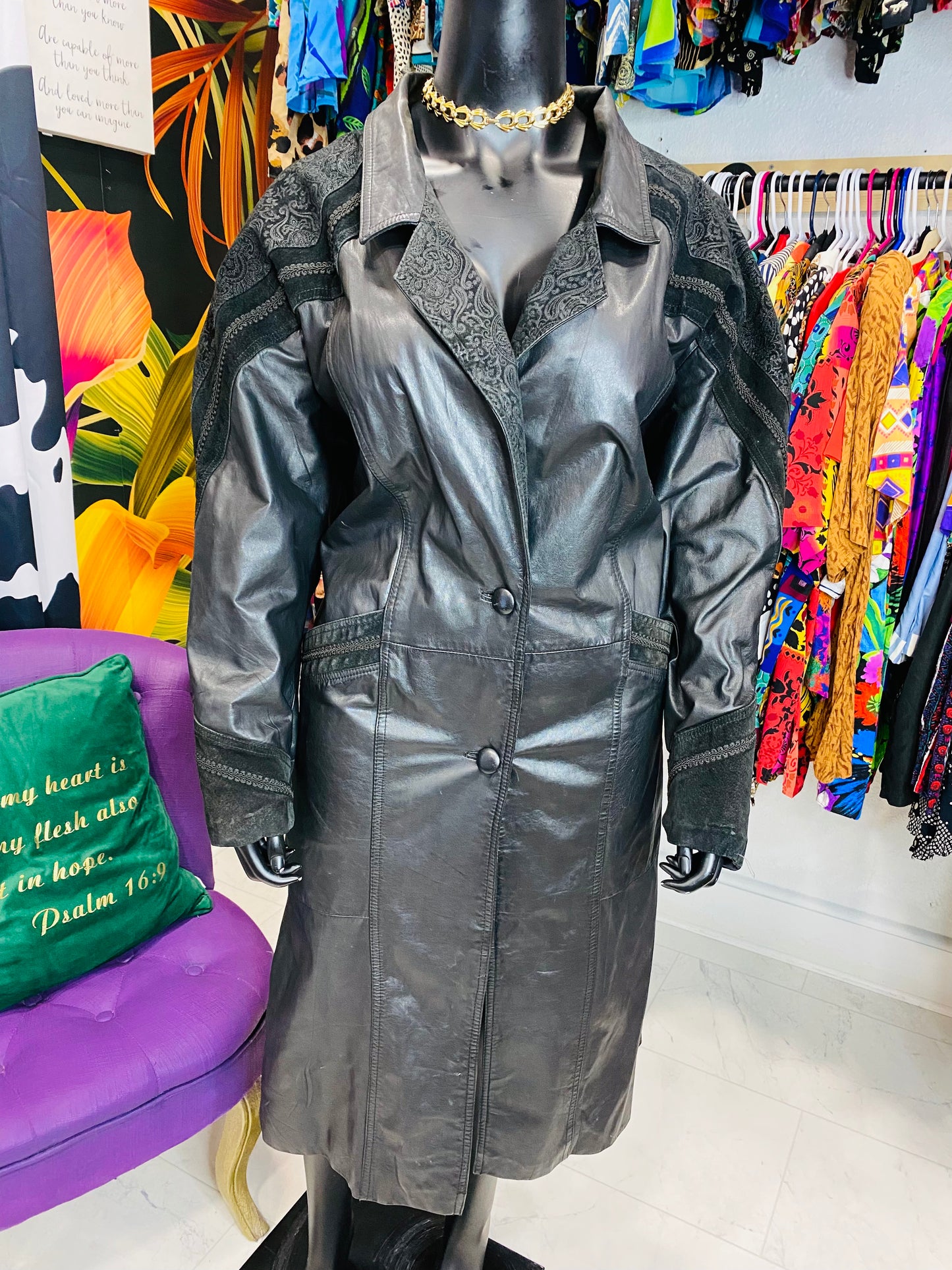 Vintage Black long leather Coat