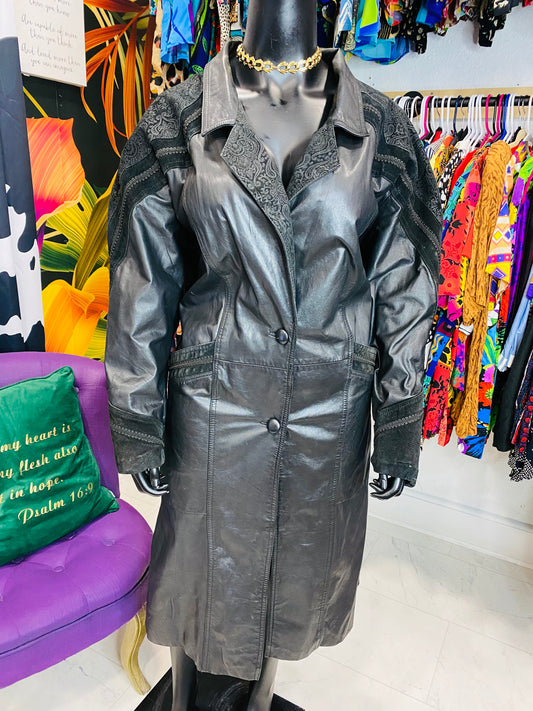 Vintage Black long leather Coat