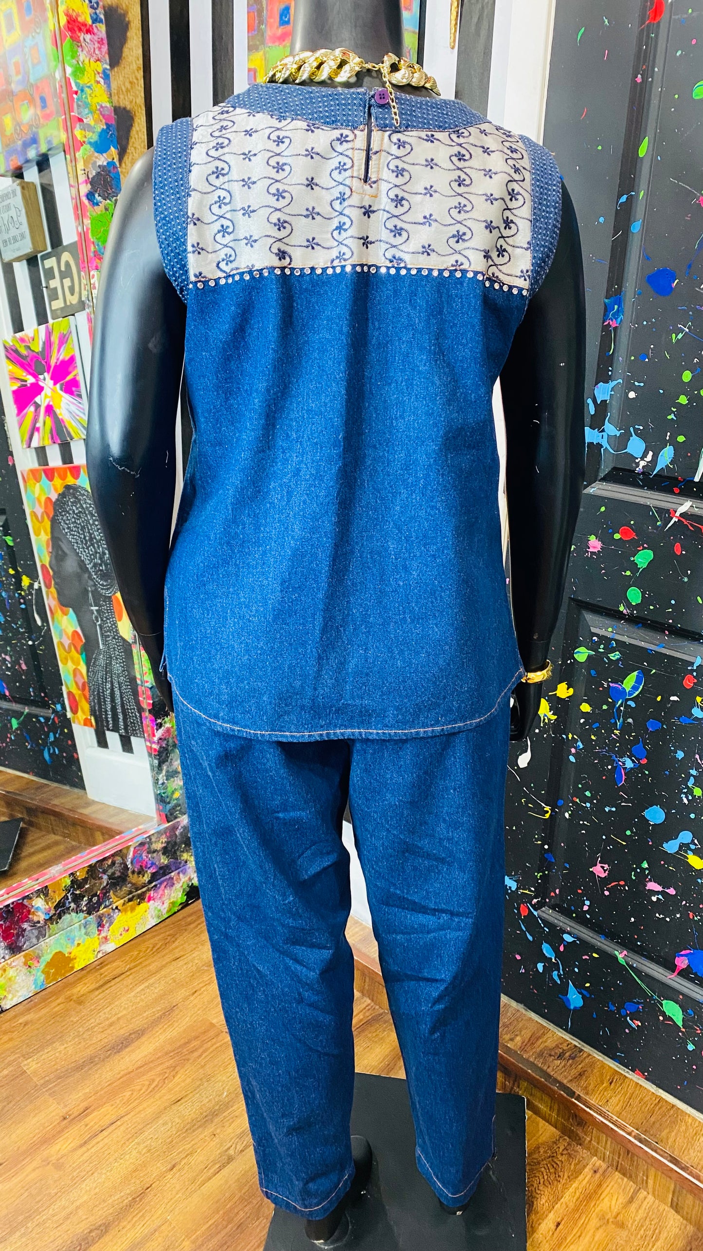 Vintage Denim Embroidered & Jeweled 3 Piece Pants Set (14)