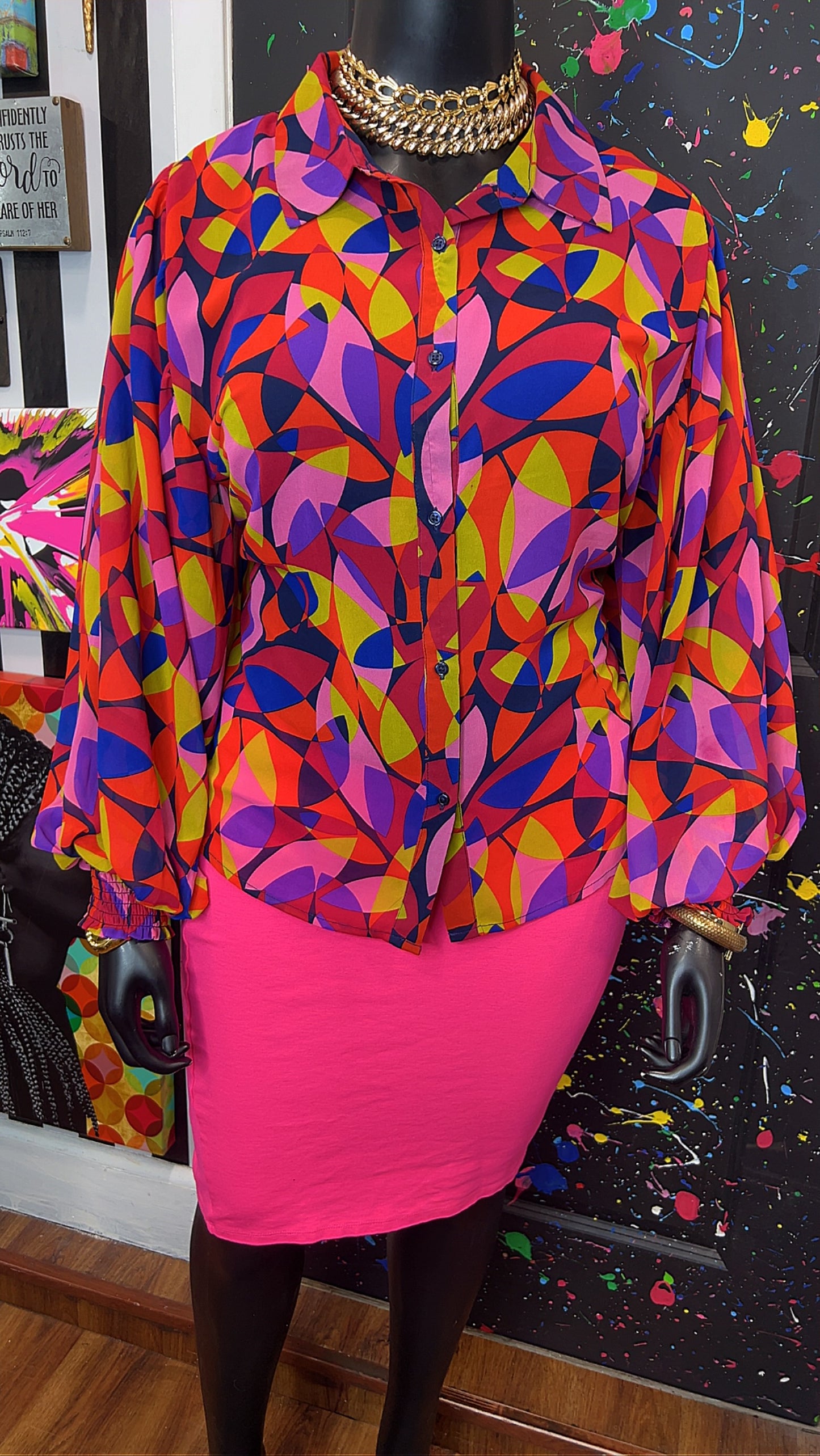 Abstract Ballon Sleeve Blouse (20/22)
