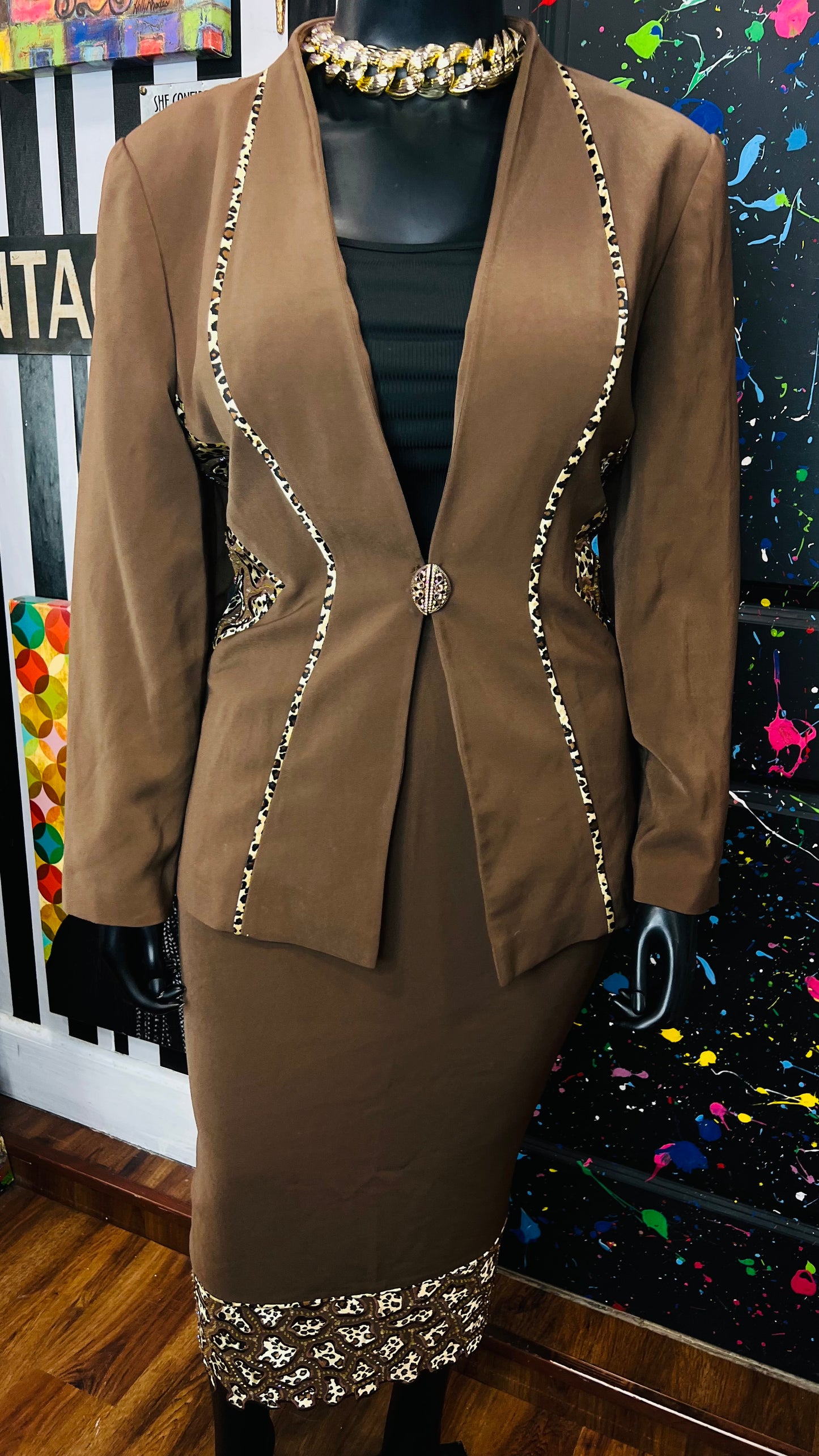 Vintage Chocolate & Animal Print Skirt Suit (18)