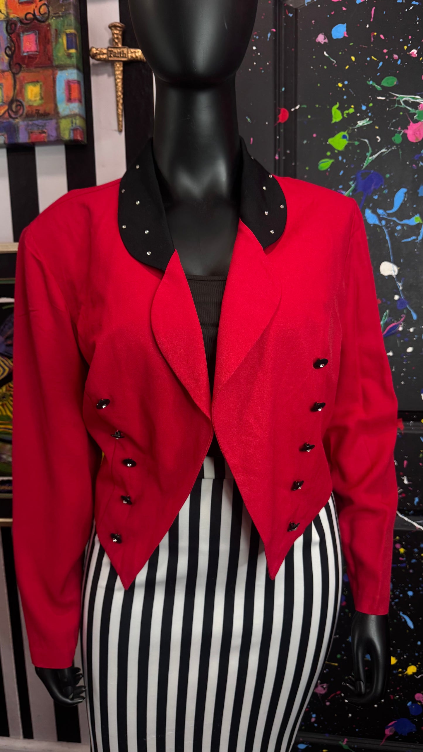 Vintage Cropped Jewel Collar Red & Black Blazer (22W)